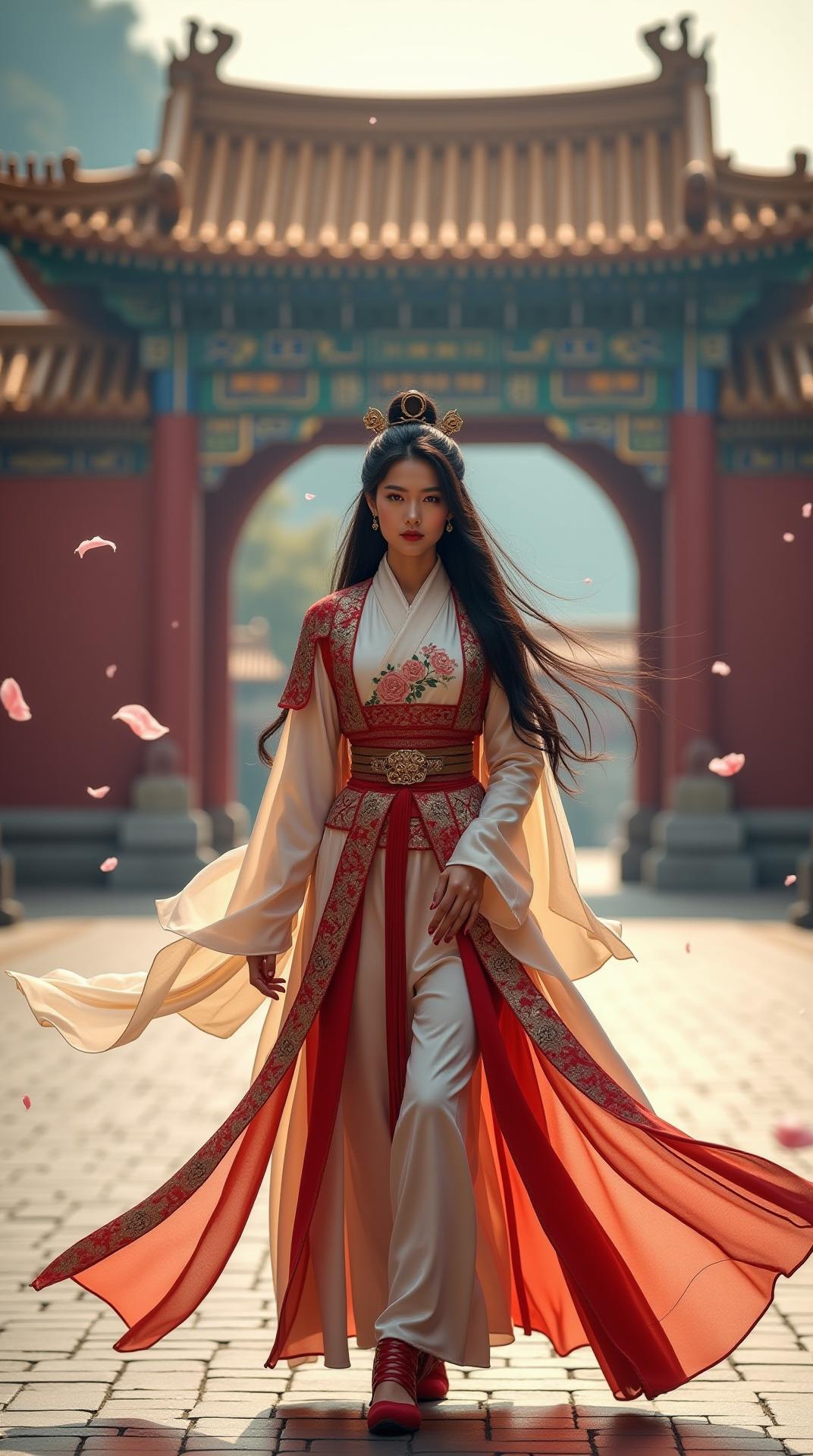A young, beautiful Chinese woman in an elegant Hanfu warrior dress, featuring intricate embroidery and layered silk robes with armor-style details. She has long, flowing black hair and is walking confidently toward the viewer, looking directly into the camera with a calm yet powerful expression. She is positioned in front of the majestic Imperial Palace, with its iconic red walls, golden roofs, and traditional Chinese architecture clearly visible in the background. The atmosphere is serene and majestic, with soft sunlight illuminating her figure and casting gentle shadows. Flower petals are subtly drifting in the air, adding a graceful motion effect. Captured in high-resolution, ultra HD, vertical full-body portrait , fashion editorial style with cinematic soft lighting and a regal, ethereal mood.cinematic lighting, high detail, fashion editorial, ethereal beauty, hanfu, traditional Chinese, historical palace