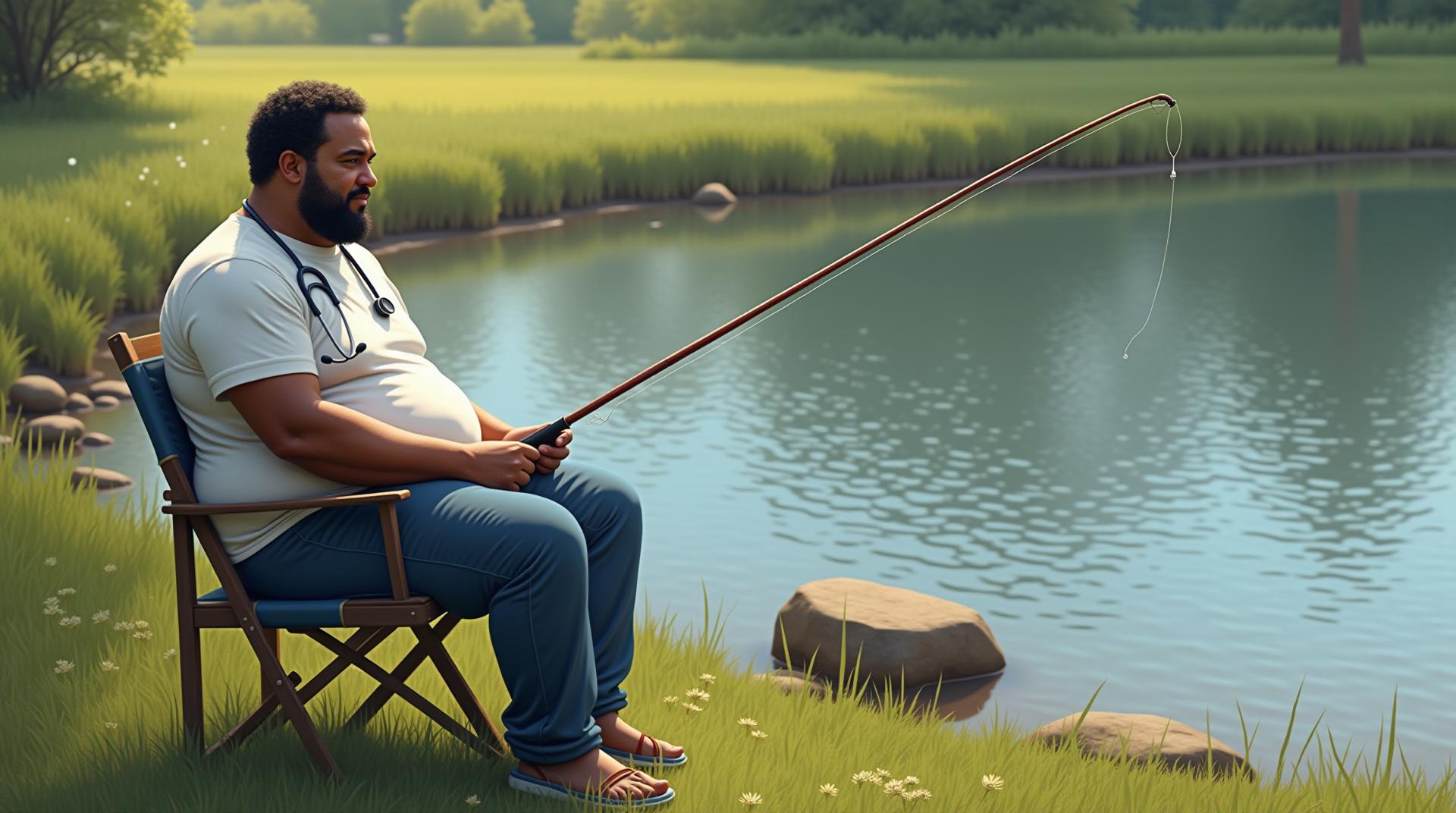 Create a realistic full-body image of a 60-year-old African American man with a slightly fat build, sitting comfortably on a chair beside a small, peaceful countryside pond during daytime. The man has short, small curly hair, no beard, and normal eyebrows. His face holds a neutral expression as he focuses on fishing, looking toward the pond.
He is dressed casually in a white T-shirt and blue pants, but still visibly recognizable as a doctor—he wears a stethoscope hanging around his neck, which clearly signals his profession in an everyday setting. His posture is relaxed, one hand holding a fishing rod, the other resting on his knee or the chair arm.
The environment includes grassy surroundings, the pond reflecting sunlight, and light ripples in the water. The setting should reflect a peaceful, rural American countryside vibe, with details like rocks, reeds, or wooden planks near the pond edge.
📷 Camera angle: Full-body shot from the side-front to show the doctor, his fishing activity, and the tranquil setting clearly.
✅ Key Consistency Points
Character Design:
African American man, 60 years old
Slightly fat body shape
Small curly hair, no beard
Normal eyebrows, neutral expression
Attire & Identity:
White T-shirt and blue pants (casual wear)
Stethoscope hanging from the neck (subtle doctor identity)
Activity & Environment:
Fishing by a small countryside pond
Sitting on a chair, looking at the pond
Daytime, sunny, with a calm rural backdrop
🚫 Negative Prompt
No beard or facial hair
No white coat or formal medical attire
No modern or urban city environment
No fantasy or cartoon style
No full head of straight hair
No aggressive or overly happy expression
No nighttime or indoor lighting
No signs of high-tech or sci-fi elements