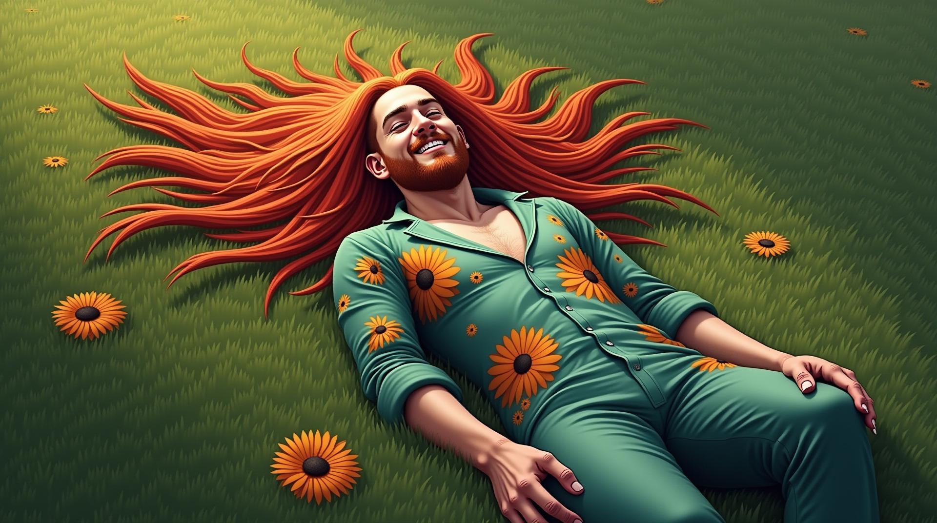 Create a realistic full-body image of a 35-year-old tall (7 feet), skinny American man lying down on a grassy countryside field during daytime. He has a square-shaped face with a tall nose, and a consistently psycho look – featuring half-closed eyes and a wide, disturbing psycho smile that expresses eerie satisfaction and unpredictability.

His hair is large, bright red, and spreads outward like palm tree leaves, wild and dramatic, resting loosely around his head as he lies on the grass. He wears a greenish-blue outfit with vivid orange flower prints, matching the countryside vibe but with a bizarre twist.

He is looking directly at the camera while lying down, one hand resting casually on the grass, the other slightly bent. His psycho smile remains unnerving, and the scene contrasts his disturbing vibe with the peaceful, natural surroundings of a sunlit grassy field.

✅ Key Consistency Points
Character Facial Design:

Square-shaped face with a tall nose

Half-closed psycho-type eyes

Disturbing psycho smile

Big red hair, spread like palm tree leaves

Pose & Body:

Lying down on a green grassy field

Skinny build, 7 feet tall

Looking at the camera with an unsettling smile

Clothing:

Wearing a green-blue countryside outfit with orange floral patterns

Environment & Camera:

Daytime, natural outdoor light

Grassy field in American countryside

Camera positioned above or at eye-level to capture full body from above

🚫 Negative Prompt
No beard or facial hair
No friendly or calm expression
No short, flat, or normal hair – keep red, big, palm tree-style hair
No muscular or overweight body
No sitting, standing, or running pose
No cartoon or illustrated styles – must be realistic
No city background, buildings, or modern objects
No other people or animals in the scene

