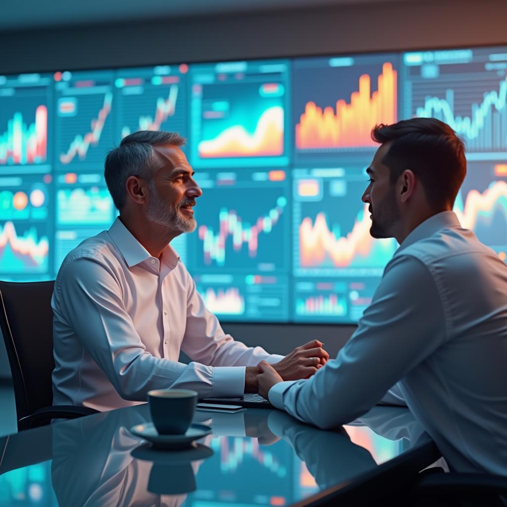 A mid-50s CEO, crisp white shirt, mentoring a young executive in a sleek open-plan office, vibrant digital screens showing market trends, coffee cups on a glass table, dynamic energy, hyper-realistic 3D, vivid colors, conveying wisdom, leadership, and a hardworking spirit