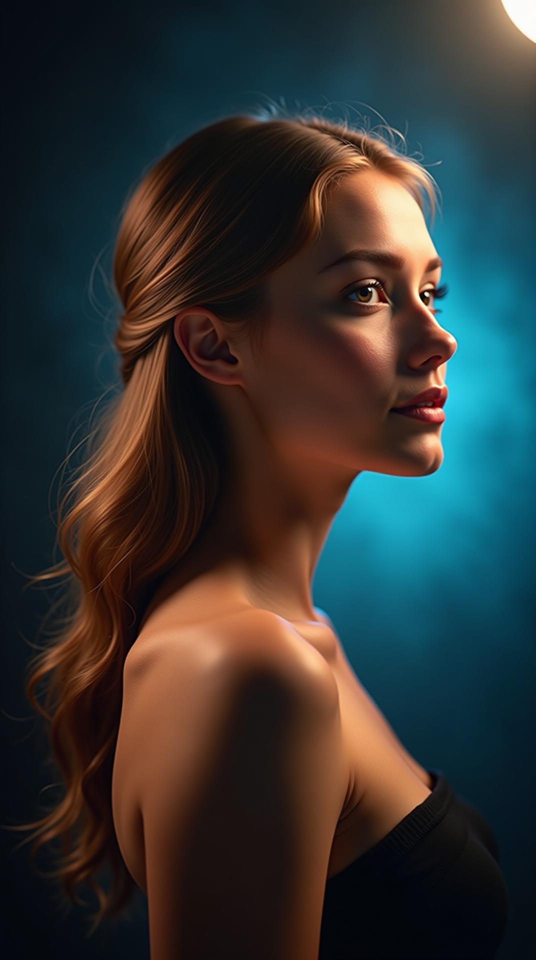 A close-up portrait of a young woman in a dramatic studio setting, illuminated by a single, powerful spotlight casting a soft, ethereal glow on her skin. She has long, light brown hair styled in a sleek, elegant updo, with a few loose strands softly framing her neck, adding a touch of effortless beauty. Her shoulders are bare, suggesting an off-shoulder garment, with her skin glowing under the light, showcasing a natural, sun-kissed tone. The texture of her skin is highly detailed, with faint pores, a subtle blush, and a healthy, radiant complexion that reflects the light beautifully. The anatomy is perfectly proportioned, with an emphasis on the graceful lines of her neck, collarbone, and shoulders, exuding a sense of poise and elegance. The background is a gradient of deep blue to black, creating a striking contrast with the warm light, with faint bokeh effects that enhance the cinematic feel. The lighting is dramatic yet soft, with the spotlight creating gentle shadows and highlights that accentuate the contours of her skin and the texture of her hair. The image is hyper-realistic, with exceptional detail and clarity, captured as if shot with a professional Canon EOS R5 camera with a 50mm f/1.2 lens, in 8k resolution. Style: photorealistic, hyper-detailed, cinematic composition, perfect anatomy, natural depth of field, no distortions. IMG_1034.HEIC