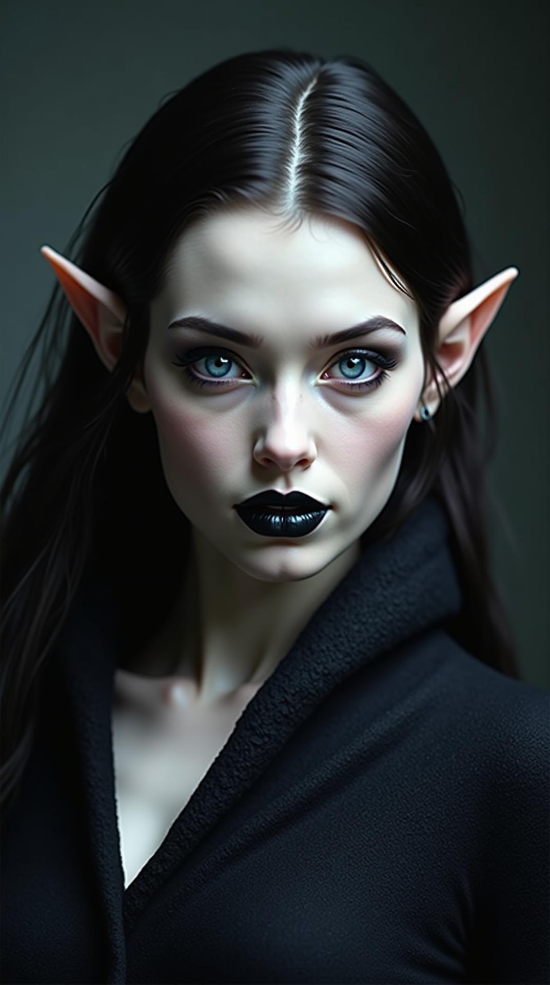Image is a fantasy-style portrait featuring a female figure with striking features. She has pale skin and piercing blue eyes that stand out against her dark, dramatic makeup, including bold black lipstick. Her long, dark hair is sleek and frames her face, accentuating her sharp, pointed ears, which suggest an elfin or otherworldly character. She is draped in a black, textured fabric that partially covers her shoulders, adding to the mysterious and ethereal atmosphere. The background is blurred, focusing attention on her intense gaze and unique attributes, creating a captivating and enigmatic visual impact. 8K, UHD. IMG_1034.HEIC