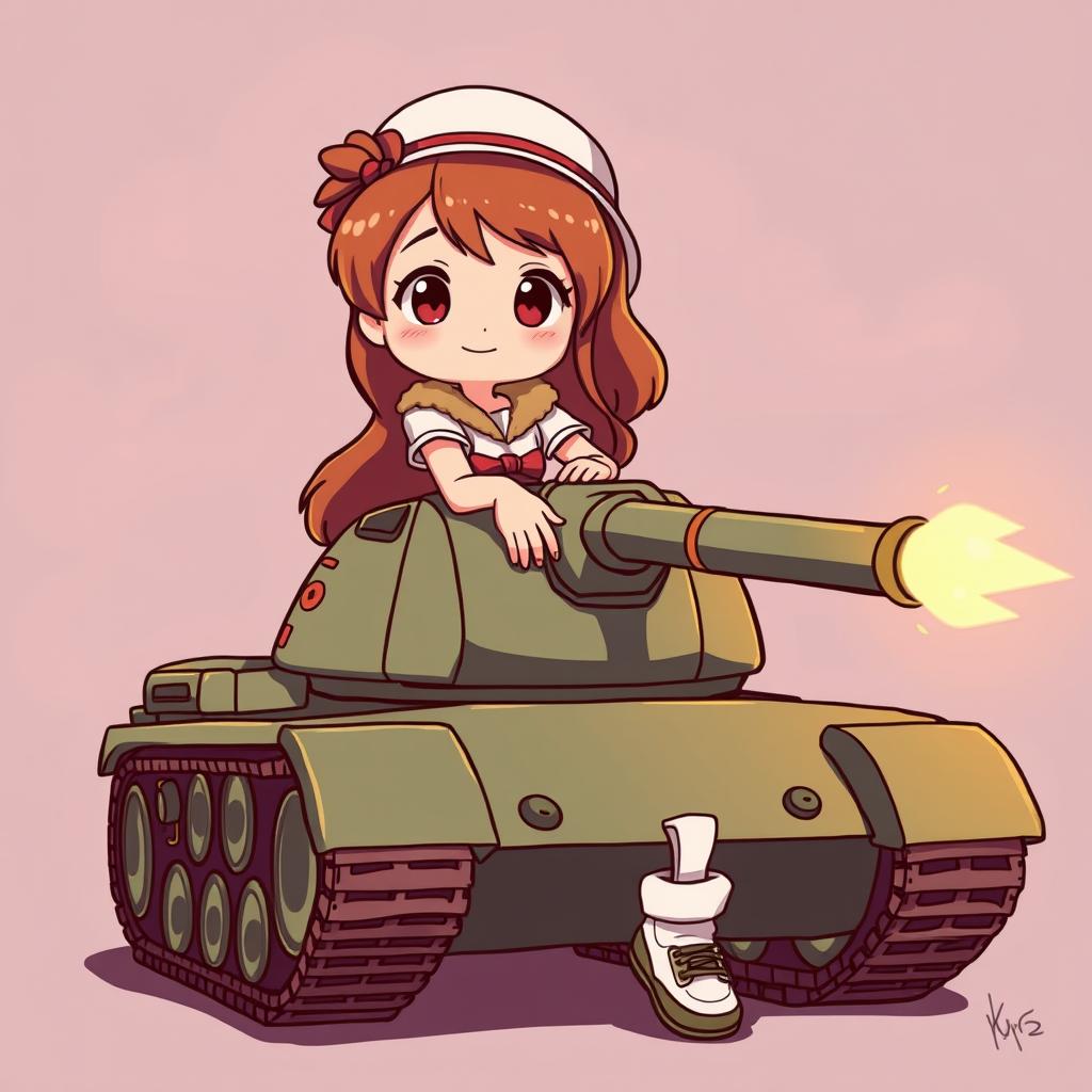 a girl sit on a tank,cartoon