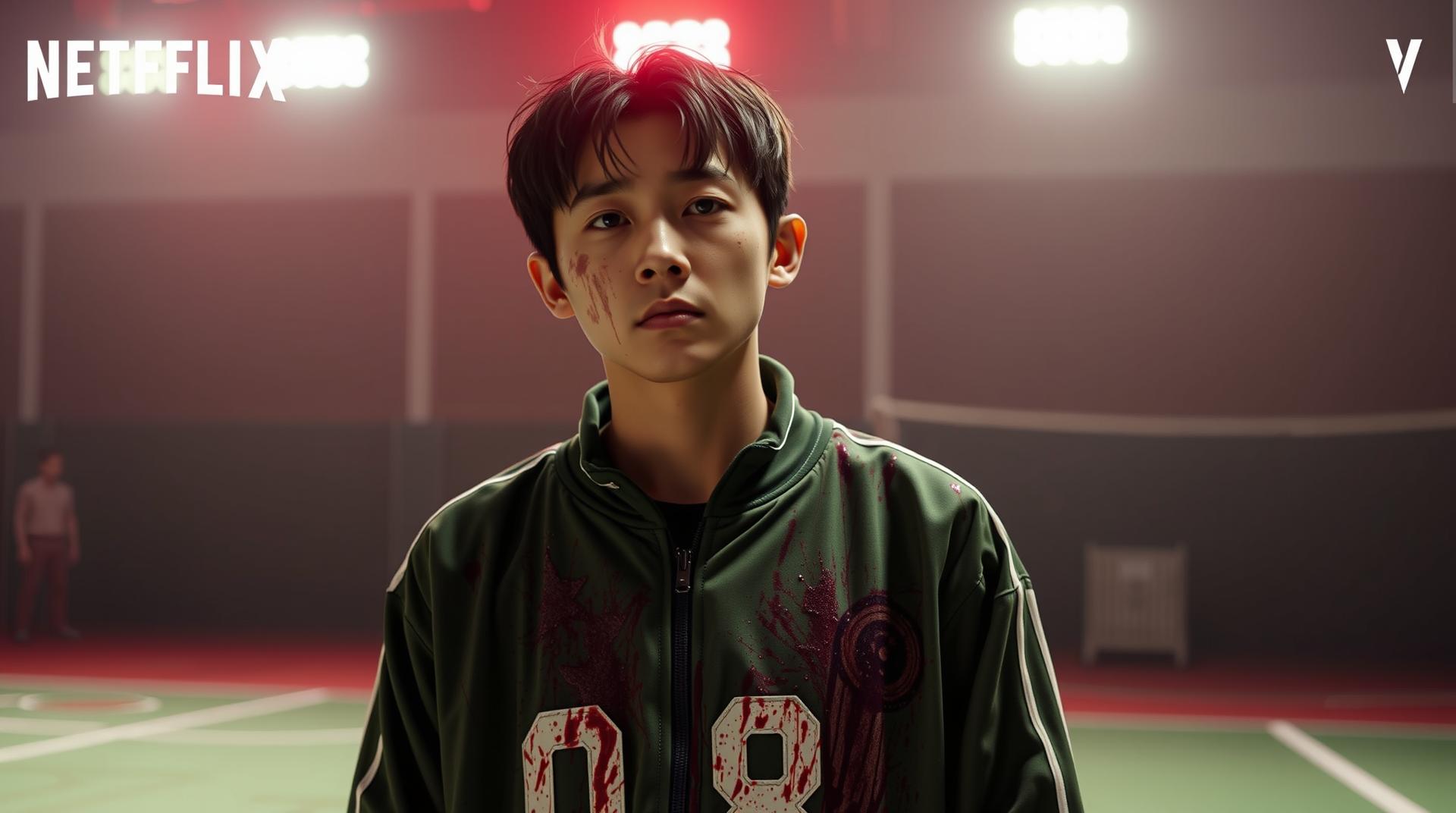 A cinematic flashback scene in the style of Netflix's Squid Game. Young Hwang In-ho (Front Man) wearing a dirty, bloodstained green tracksuit with number '028'. His face is bruised, with sad, intense eyes. Background shows the Squid Game playground with red dramatic lighting. The scene must exactly match the style, color tone, and costumes of the original series.