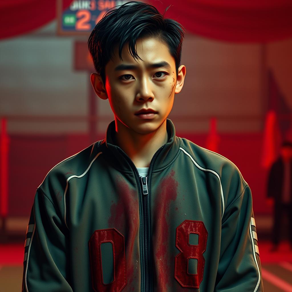 A cinematic flashback scene in the style of Netflix's Squid Game. Young Hwang In-ho (Front Man) wearing a dirty, bloodstained green tracksuit with number '028'. His face is bruised, with sad, intense eyes. Background shows the Squid Game playground with red dramatic lighting. The scene must exactly match the style, color tone, and costumes of the original series.