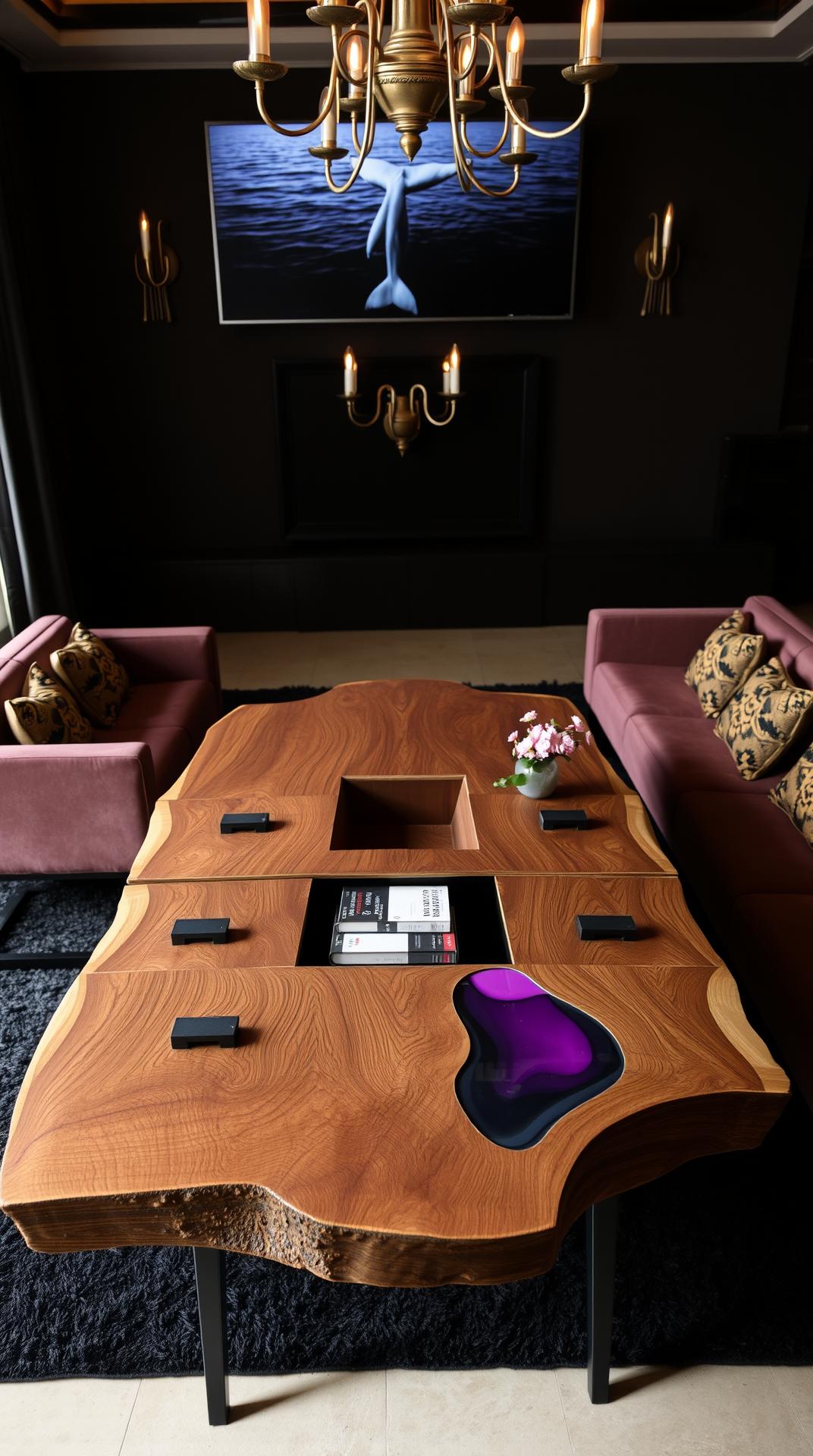 A single sculptural raw walnut Live Edge TV console anchors the scene, gracefully resting against the wall beneath a wall-mounted television, asserting its bold and artistic presence. Captured in a close-up shot from a slightly elevated angle, the TV console emerges as the true centerpiece of a luxurious Moroccan living room, softly bathed in warm, dimmed lighting. The room is gently darkened.
The wild, organic wood grain is beautifully complemented by five drawers, each fitted with striking black metal handles — solid, minimalist, and clearly visible — adding a bold graphic contrast against the textured walnut surface. The drawers themselves are left pure and natural, while vibrant, fluid shapes in bright mauve epoxy resin adorn only the lower right and left extremities of the console, creating striking, artistic accents without covering the central drawers.
An open central compartment, neatly arranged with books, brings rhythm and balance to the composition.
Atop the console, two delicate vases are placed symmetrically at each end — one on the far right, the other on the far left — each filled with small, soft pink flowers that bring a subtle, refreshing touch of color and life to the scene, enhancing the natural elegance of the wood.
Gracefully supported by slender black-stained metal legs, the TV console perfectly balances raw natural beauty with sophisticated modern design, establishing itself as the undeniable focal point of the space.
Above, the television screen displays the poetic image of a whale’s tail submerged beneath the ocean’s surface during a calm full-moon night, symmetrically framed by two elegant wall sconces casting a soft ambient glow.
In the background, the Moroccan living room unfolds with understated grandeur: three long mauve fabric sofas form a welcoming U-shape, adorned with golden and black embroidered cushions, subtly framing the open center of the space.
The atmosphere is intimate and refined, with floating black curtains gently enclosing the scene, a thick black carpet anchoring the composition, and an opulent chandelier diffusing a soft, muted light — all elements converging to highlight the TV console’s rich walnut textures, the clearly visible black metal handles, the bright mauve epoxy resin accents on its ends, and the charming pink floral touches, reinforcing it as the undisputed focal point of the scene.