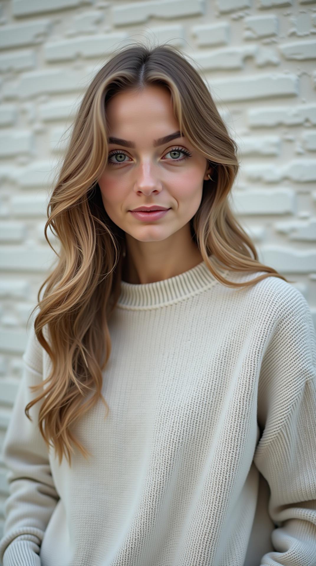 gorgeous 20 years old slavic american girl looking in front, wearing a sweatshirt, gorgeous, white bricks background