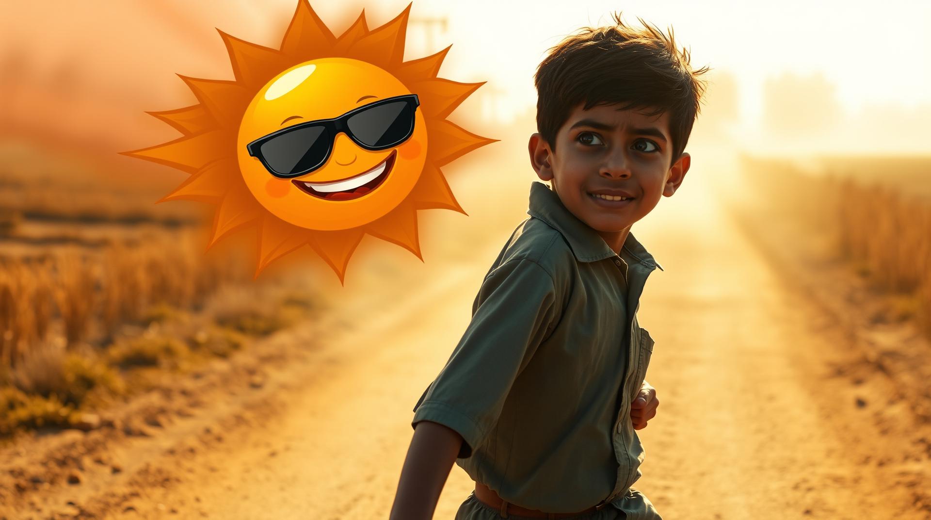 An 8-year-old Indian schoolboy in uniform running down a dusty rural road under harsh summer sunlight, visibly exhausted and sweating, looking over his shoulder with panic or frustration, trying to escape from a floating cartoon-style sun wearing sunglasses, the sun is smiling mischievously and chasing him playfully, exaggerated heat rays beaming down, cinematic lighting, photorealistic environment with shallow depth of field, heat haze in the background, dramatic shadows, dry fields on both sides, warm golden tones, fantasy-realism blend, humorous and emotional tone"
Optional Camera Instructions (if supported):
"dynamic tracking shot from side or behind, slightly low angle for intensity"
š« Negative Prompt:
"blurry, low resolution, scary sun, horror elements, creepy expression, distorted anatomy, cartoon boy, glitch, overexposure, bad lighting, unrealistic background, duplicate faces, floating objects"
