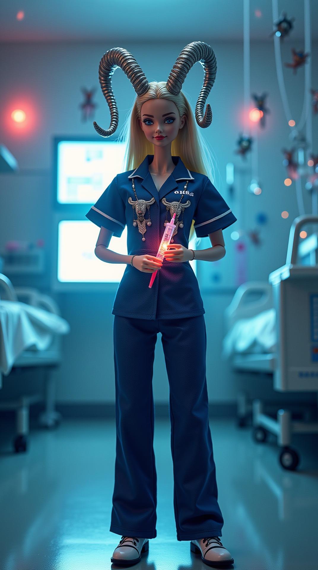 A hyper-realistic gothic-Disney Barbie doll as an NHS nurse embodying Capricorn, posed in a full-body frontal view in a high-tech London hospital ward with glowing medical monitors and floating IV drips behind her, wearing a navy scrub suit with silver goat horn embroidery and a stethoscope crown, holding a radiant syringe in both hands, pale skin with a healing glow, her shadow forming a heartbeat pulse with goat patterns on the sterile wall, vibrant navies, silvers, and whites, clinical lighting with soft glows, ultra-detailed textures of fabric, plastic, and metal, shot with a Canon EOS R5, 50mm lens, cinematic depth of field, bokeh, hyper-realistic, surreal photography, disciplined and compassionate atmosphere.