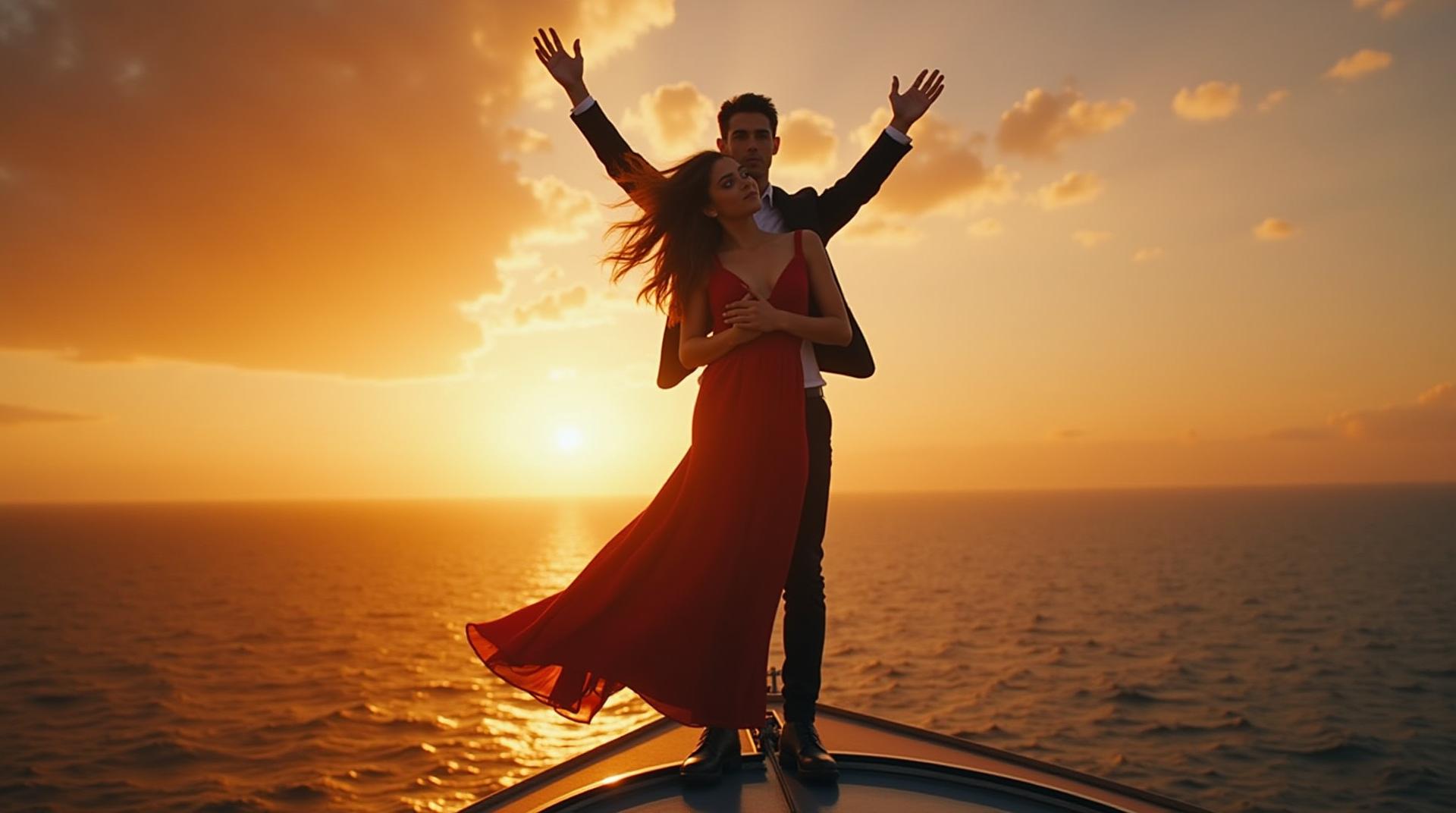 Zendaya standing at the bow of Titanic, arms outstretched in wind, Tom Holland holding her from behind, dramatic ocean sunset, iconic flying pose, romantic tone