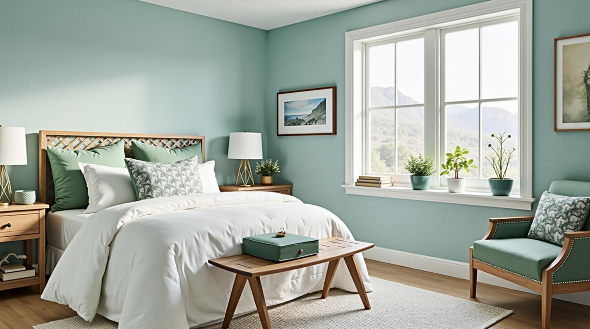 Dreamy bedroom color scheme: soft blue walls, natural green accents, calming tones in bedding – serene and stylish interior