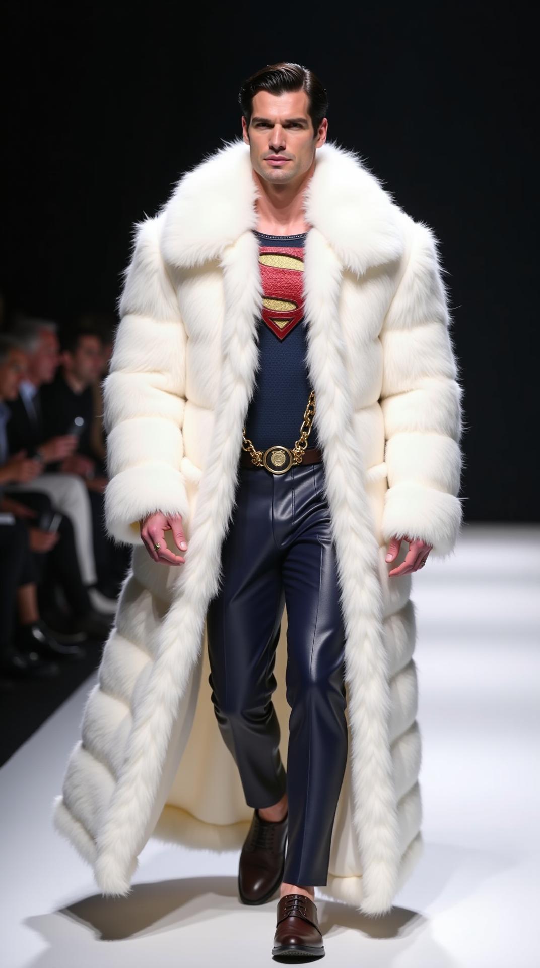 Henry Cavill as Superman walking on the fashion show runway. The outfit he is wearing is a white royal majestic one with white fur (it's like a giant overcoat jacket with the superman symbol. He is fully visible on the runway from head to toe.