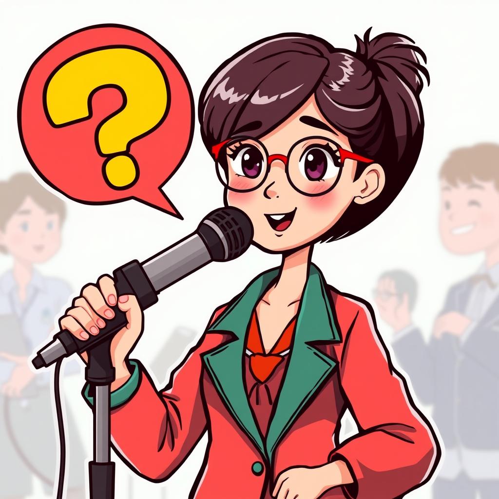 girl journalist Asian woman with a microphone asks a question cartoon style