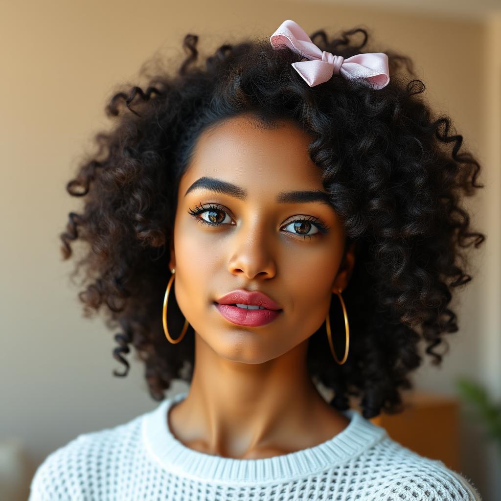 A hyper-realistic portrait of a young woman with voluminous, natural dark curly hair pinned with a small pink bow. She has a slim, defined face with full lips, dewy skin, and soft eyebrows. She is wearing minimal makeup with a subtle nude gloss. The background is softly lit in a modern neutral beige interior, with shallow depth of field. She's wearing a white knitted sweater with a feminine neckline, gold hoop earrings. Shot in natural daylight with soft shadows and photorealistic texture, editorial quality, ultra-HD.