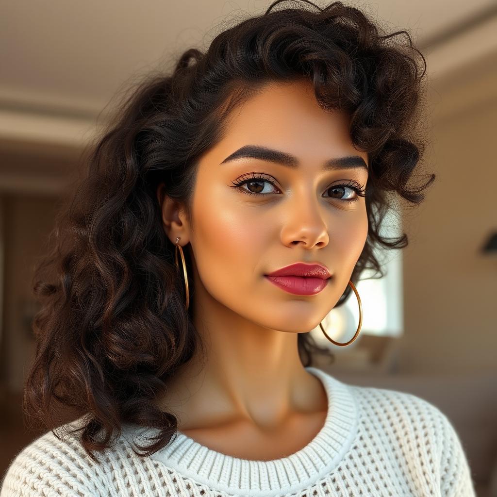 A hyper-realistic portrait of a young woman with voluminous, natural long dark curly hair. She has a slim, defined face with full lips, dewy skin, and soft eyebrows. She is wearing minimal makeup with a subtle nude gloss. The background is softly lit in a modern neutral beige interior, with shallow depth of field. She's wearing a white knitted sweater with a feminine neckline, gold hoop earrings. Shot in natural daylight with soft shadows and photorealistic texture, editorial quality, ultra-HD.