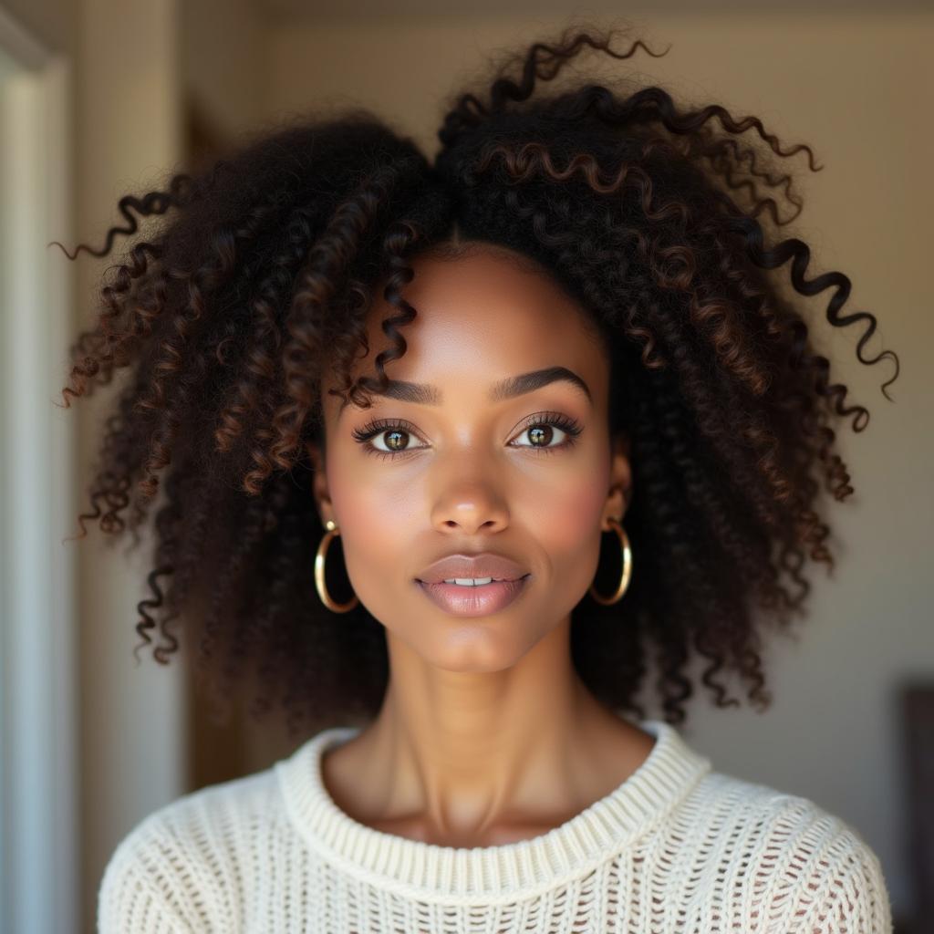 A hyper-realistic portrait of a young woman with voluminous, natural long dark curly hair. She has a slim, defined face with full lips, dewy skin, and soft eyebrows. She is wearing minimal makeup with a subtle nude gloss. The background is softly lit in a modern neutral beige interior, with shallow depth of field. She's wearing a white knitted sweater with a feminine neckline, gold hoop earrings. Shot in natural daylight with soft shadows and photorealistic texture, editorial quality, ultra-HD.