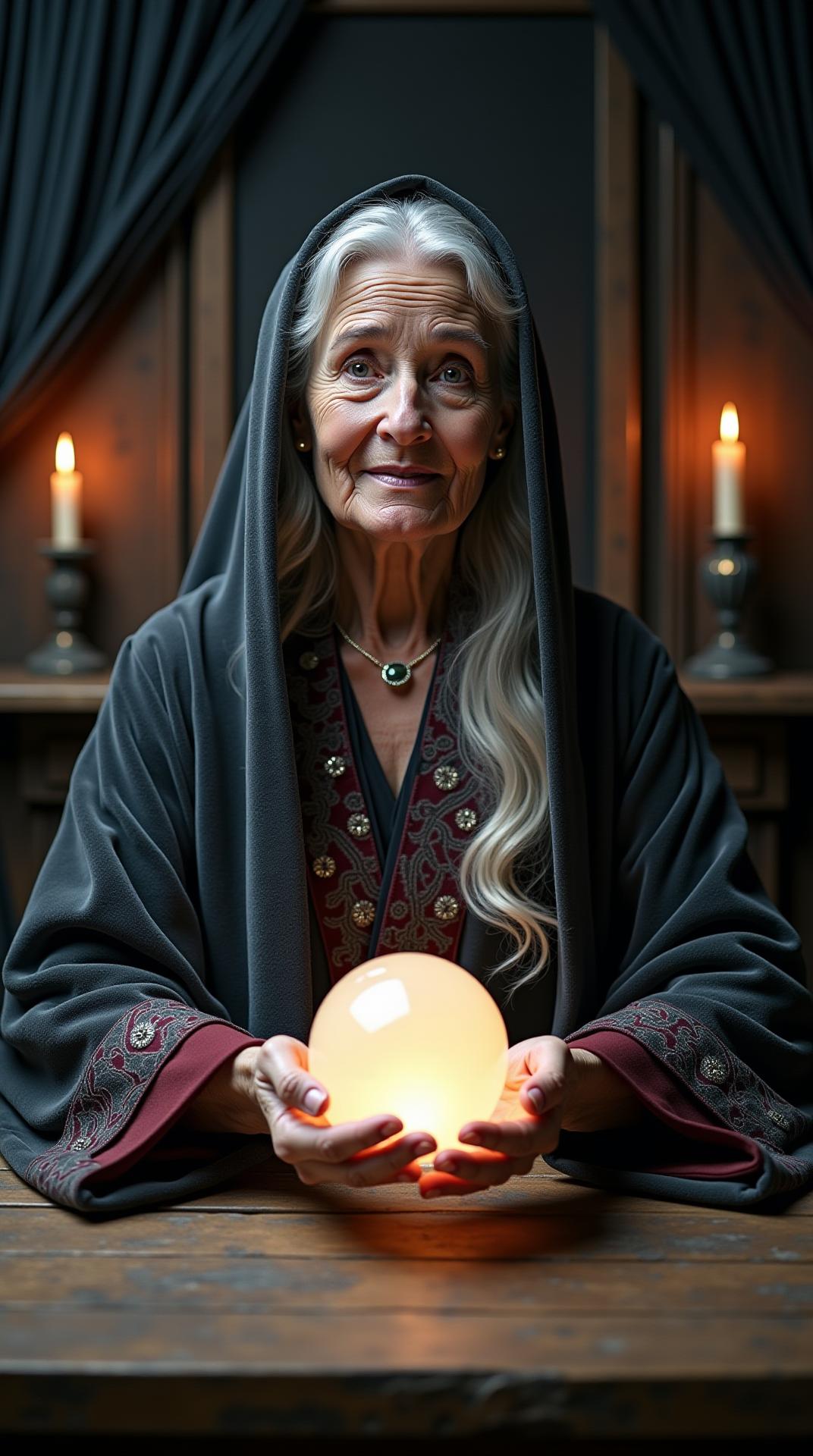 Ultra-realistic cinematic still: a center-framed, three-quarter-length portrait of an elderly female fortune-teller, silver wavy hair parted cleanly and cascading to her shoulders beneath a soft midnight-black hood, clad in a charcoal velvet kimono-style robe with subtle brocade trim and deep-crimson sleeve linings, seated at a weathered oak seer’s table; both hands gently cradle a perfectly polished clear crystal sphere that emits an inner white glow, its under-lighting sculpting her high cheekbones and illuminating fine skin texture and faint laugh lines, while warm candle sconces bloom into creamy bokeh behind her in a shadow-draped tent of dark drapery; expression wide-eyed, mouth slightly parted in awe as though divining hidden futures; photographic quality with Rembrandt key light from camera left, complementary rim light kissing stray silver strands, rich HDR tonal range, volumetric haze catching the glow, hyper-detailed fabric fibers and jewelry patina; shot on a Nikon D850, 50 mm prime at f/1.4, ISO 400, 1/200 s, shallow depth of field, buttery smooth background separation; graded with warm amber highlights and desaturated teal shadows, subtle 35 mm film grain, no lens distortion, masterpiece photograph, award-winning promotional art, 8 K render.