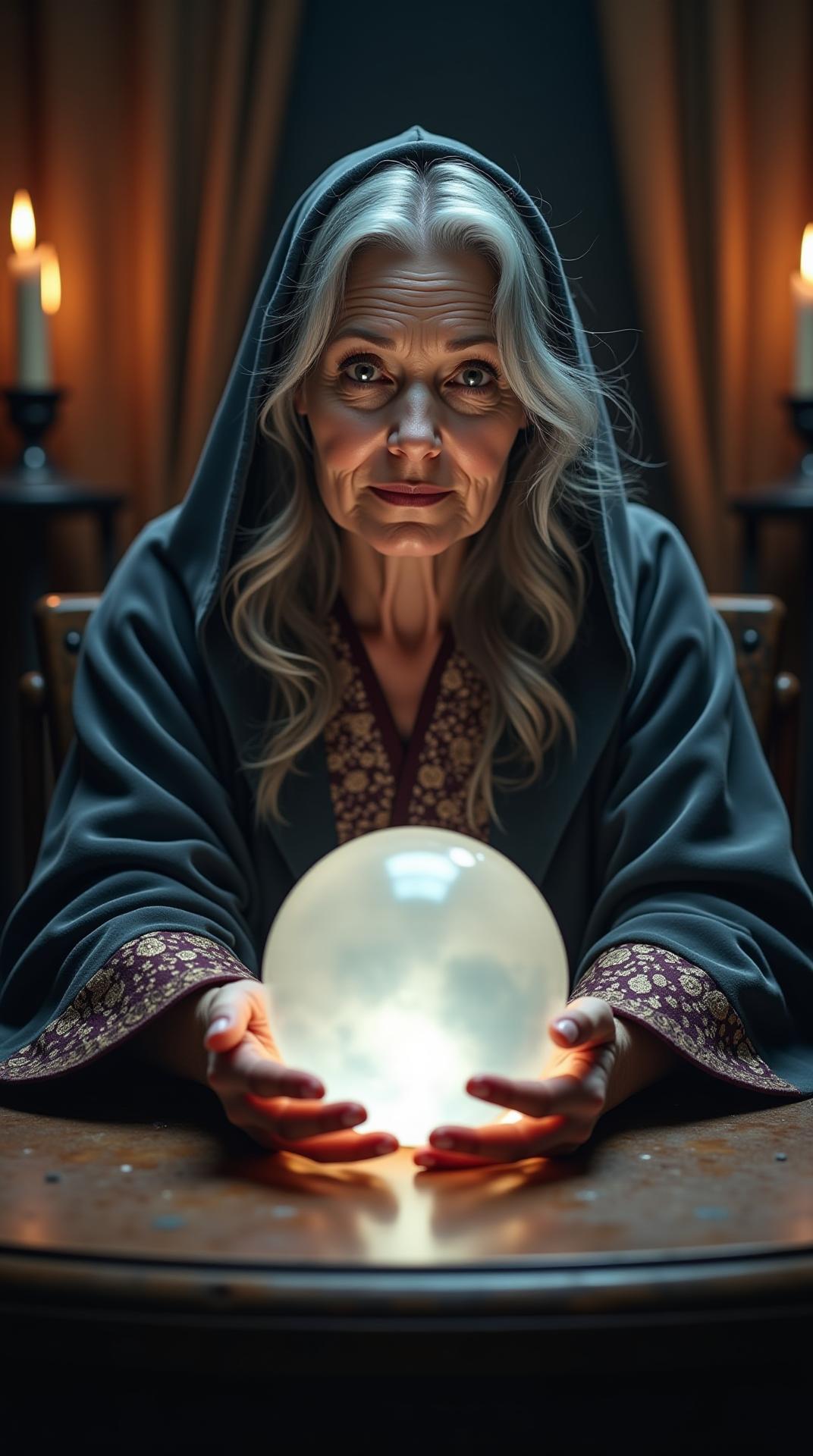 Ultra-realistic cinematic still: a center-framed, three-quarter-length portrait of an elderly female fortune-teller, silver wavy hair parted cleanly and cascading to her shoulders beneath a soft midnight-black hood, clad in a charcoal velvet kimono-style robe with subtle brocade trim and deep-crimson sleeve linings, seated at a weathered oak seer’s table; both hands gently cradle a perfectly polished clear crystal sphere that emits an inner white glow, its under-lighting sculpting her high cheekbones and illuminating fine skin texture and faint laugh lines, while warm candle sconces bloom into creamy bokeh behind her in a shadow-draped tent of dark drapery; expression wide-eyed, mouth slightly parted in awe as though divining hidden futures; photographic quality with Rembrandt key light from camera left, complementary rim light kissing stray silver strands, rich HDR tonal range, volumetric haze catching the glow, hyper-detailed fabric fibers and jewelry patina; shot on a Nikon D850, 50 mm prime at f/1.4, ISO 400, 1/200 s, shallow depth of field, buttery smooth background separation; graded with warm amber highlights and desaturated teal shadows, subtle 35 mm film grain, no lens distortion, masterpiece photograph, award-winning promotional art, 8 K render.
