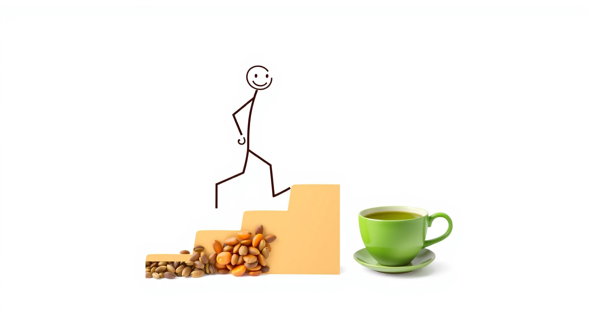 A minimalist 2D stickman character walking up a staircase made of three foods: tomato, pumpkin seeds, and a green tea cup, smiling confidently, soft white background with soft shadows, brown-orange hands, black outlines, soft neutral color palette, symbolizing progress and transformation