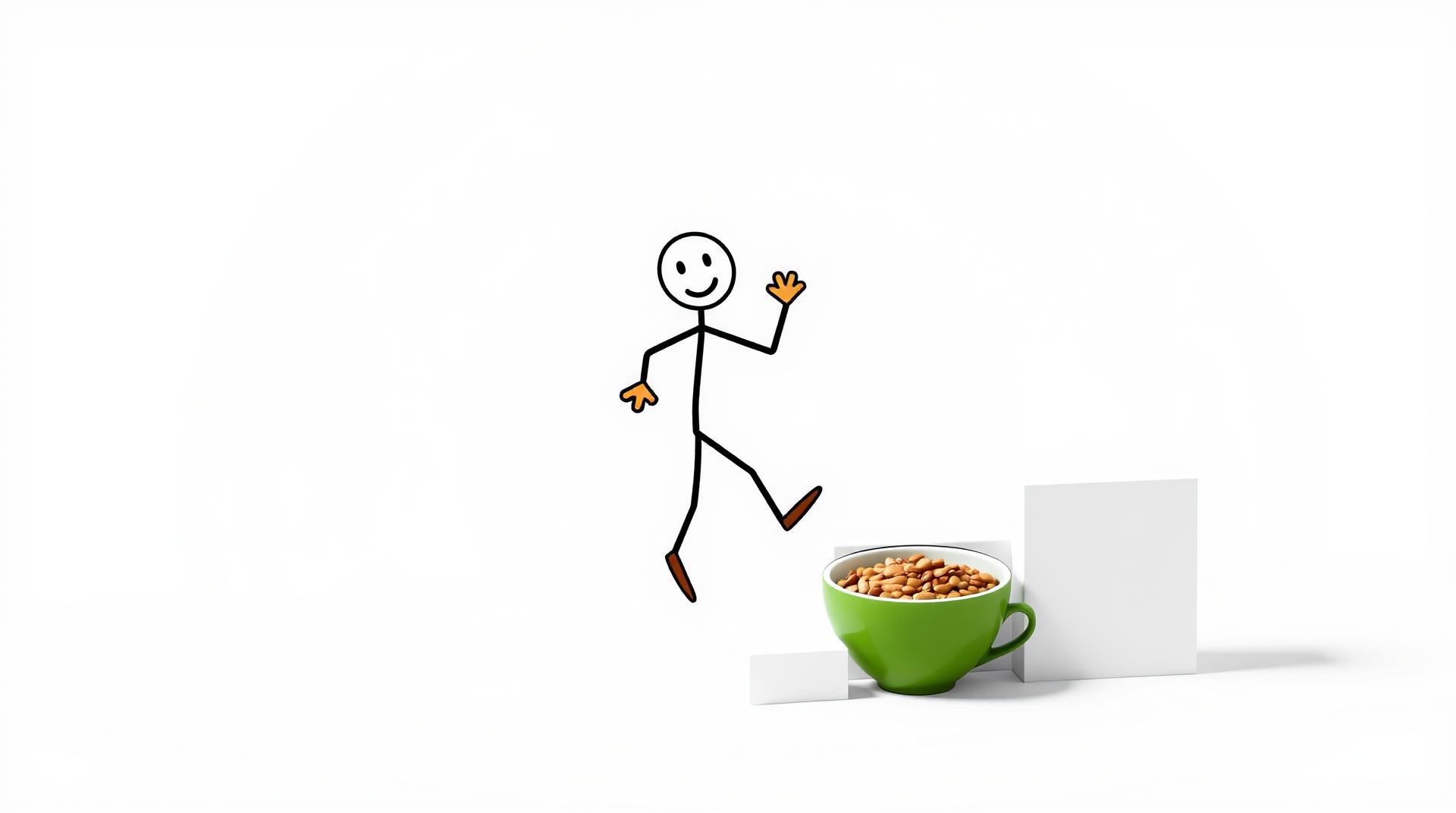 A minimalist 2D stickman character walking up a staircase made of three foods: tomato, pumpkin seeds, and a green tea cup, smiling confidently, soft white background with soft shadows, brown-orange hands, black outlines, soft neutral color palette, symbolizing progress and transformation