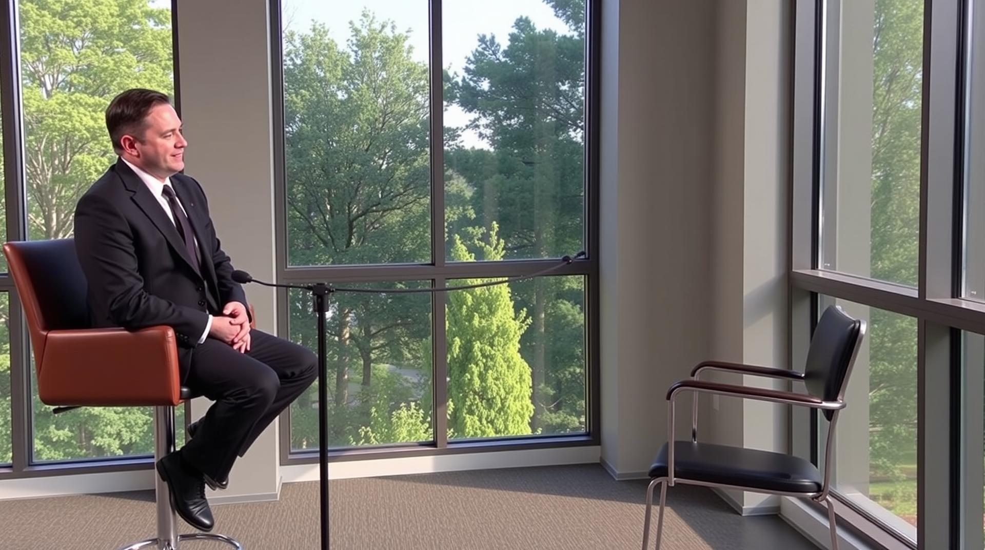 A person in a suit sitting on a high chair being interviewed. Large windows in the right background with trees outside the windows.