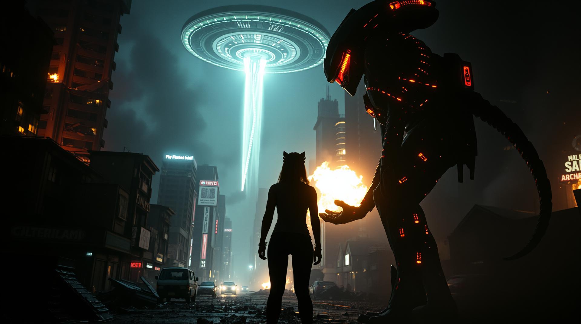 A stylized sci-fi realism scene set in a war-torn, neon-drenched Metro Manila at night. The camera dollies slowly through smoke and debris, revealing flickering firelight and collapsing skyscrapers under alien siege. Sirens echo and flames illuminate shattered buildings as colossal UFOs hover ominously above, casting dark, shifting shadows. In the foreground, a brave Filipina reporter stands silhouetted by pulsing alien energy. Her stance is calm and defiant as she faces a towering alien figure beside her—an imposing creature inspired by Halo villains, clad in scorched, glowing armor. The atmosphere is gritty, filmed through a handheld 35mm lens with cinematic grain. Explosions erupt in the distance, lighting the hazy skyline as the alien turns slowly to respond, its voice a resonant hum. The mood is tense, cinematic, and charged with emotion.
