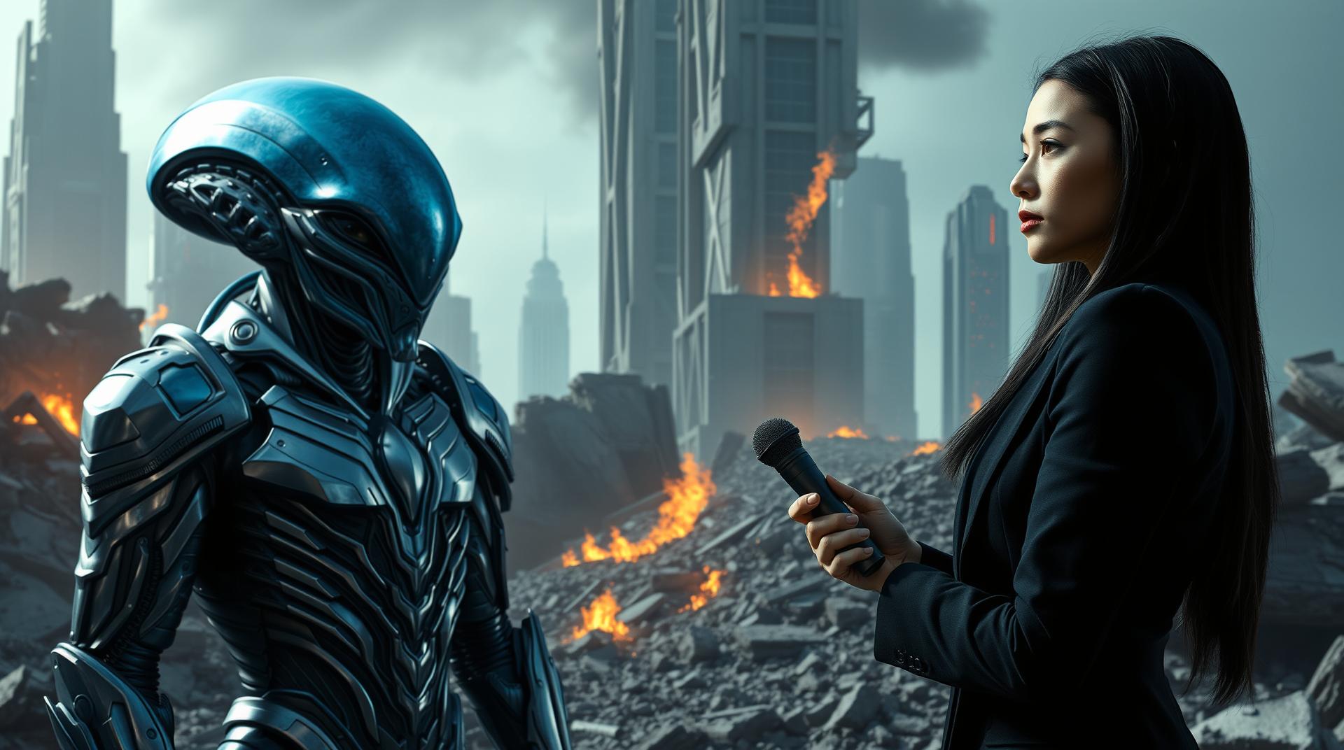 Ultra-realistic sci-fi scene: A towering, blue alien creature with a prominent, non-human head and intricate silver metallic exosuit stands amidst a futuristic cityscape ravaged by conflict—rubble and flames surround the scene. To the right of center, a slender, light-skinned young woman with long dark hair wears a dark, sharply tailored business suit. She holds a microphone and interviews the alien with a calm, focused expression. The alien is positioned slightly to the left of center, dominating the frame with its massive armored form. Tall, damaged buildings loom in the background, flames licking up through cracked structures. The scene is lit with intense, cinematic lighting—cool blue and silver tones dominate, sharply contrasted by the warm glow of fire and rubble. The composition is slightly elevated, giving a high-angle perspective on the dramatic encounter. Reflections dance on the alien’s armor and the woman's suit, capturing the tension and futuristic mood of a sci-fi film moment.
