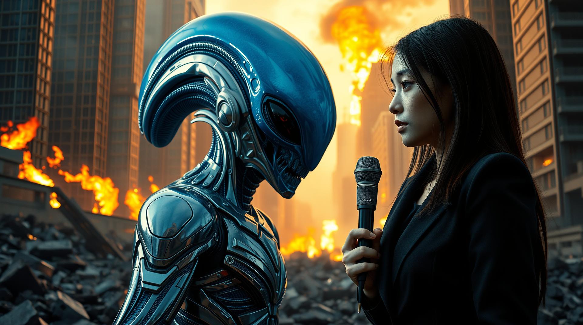 ultra-realistic cinematic Medium shot, cinematic sci-fi scene, a large blue alien creature with a prominent extraterrestrial head, clad in intricate silver metallic exosuit, stands amidst a burning futuristic cityscape. Rubble and damaged skyscrapers surround them. To the right of center, a young Filipina woman with light skin and long dark hair wears a dark tailored business suit, holding a microphone, calmly interviewing the alien. Her slender yet proportionate body is angled slightly toward the alien. The scene is bathed in dramatic, directional lighting, highlighting the chrome armor of the alien and the woman's fabric textures. High angle view, strong contrast between intense blue tones and fiery orange flames, urban chaos in the background. highly detailed. 8k photorealistic