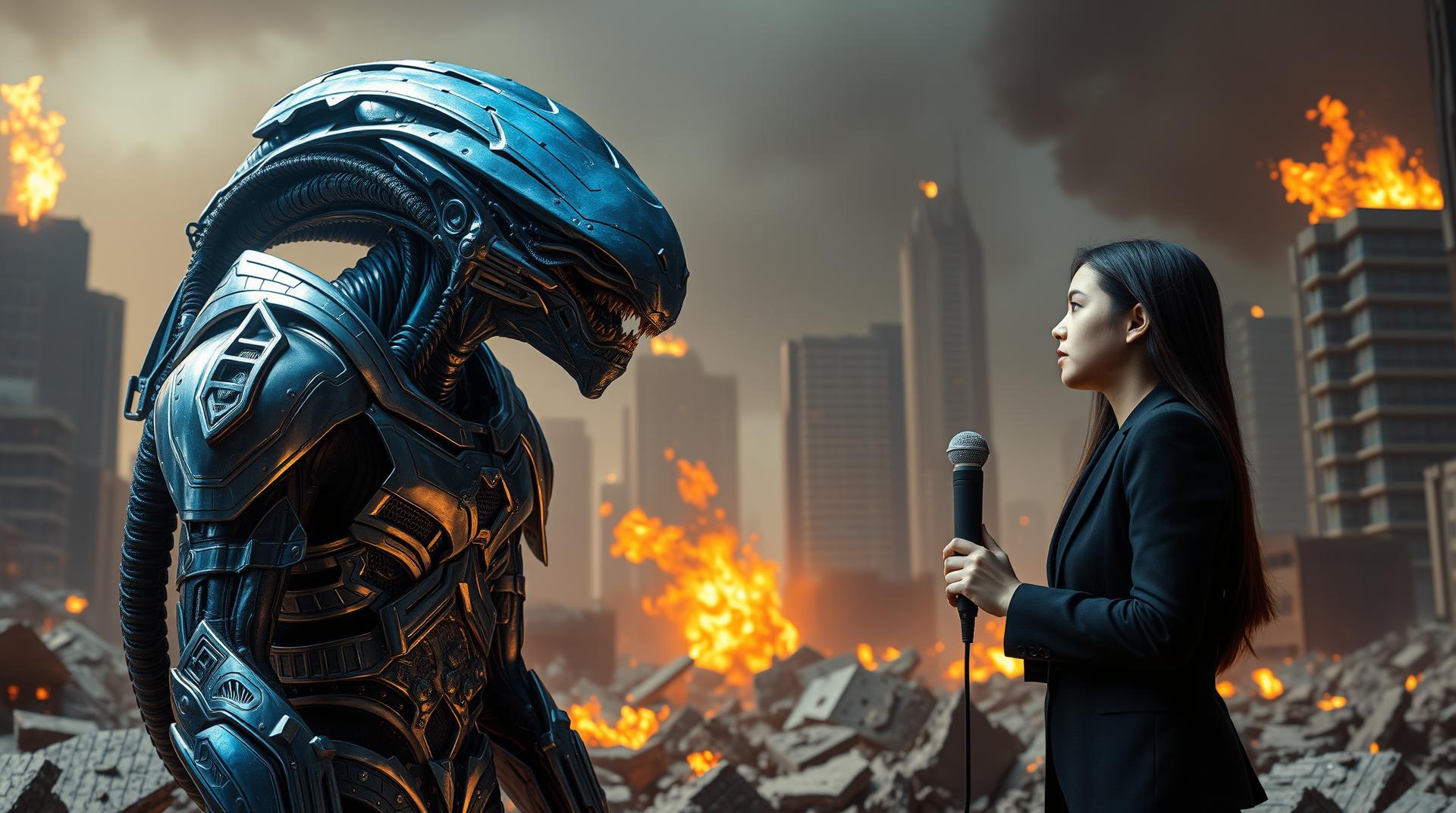 DSC_0047.NEF, Medium shot, cinematic sci-fi scene, a large blue menacing alien creature with a prominent halo villain atriox head, clad in intricate silver metallic exosuit, stands amidst a burning futuristic cityscape. Rubble and damaged skyscrapers surround them. Just to the right of center, a young Filipina woman with light skin and long dark hair, in a dark tailored business suit, stands holding a microphone, looking directly into the alien’s eyes. The alien, only one foot taller than the woman, stands slightly to the left, facing her. Her posture is calm, focused, and engaged. The scene is bathed in dramatic, directional lighting that highlights the metallic sheen of the exosuit and the tailored textures of her clothing. High angle view, strong contrast between intense blue and silver tones and the warm orange glow of flames, futuristic destruction in the background, professional lighting, ultra-realistic, high resolution, sharp focus, professional photography