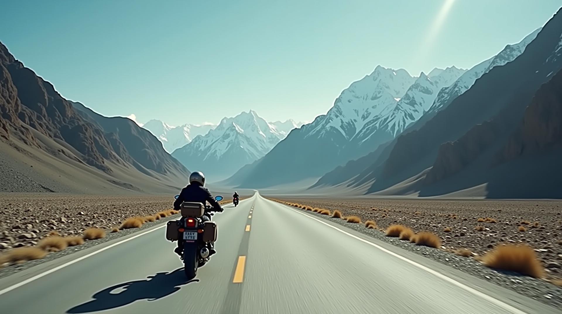 man riding motorbike on Karakoram Highway near passu peaks, drone shot, cinematic