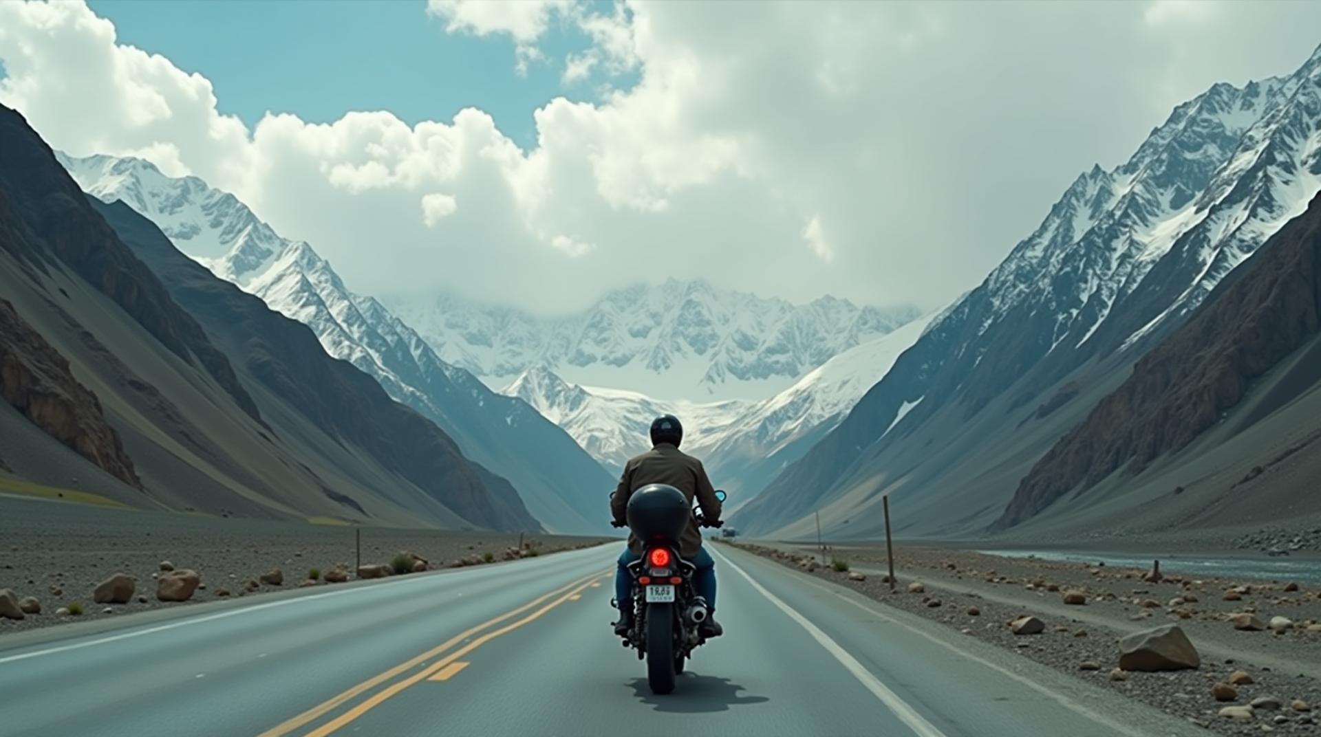 man riding motorbike on Karakoram Highway near passu peaks, drone shot, cinematic