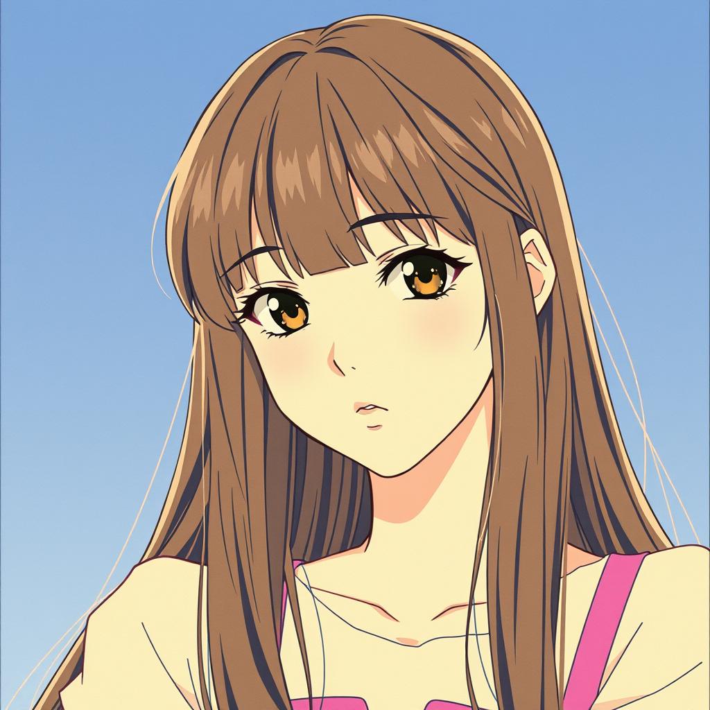 A girl with long straight hair in 80’s anime vintage style