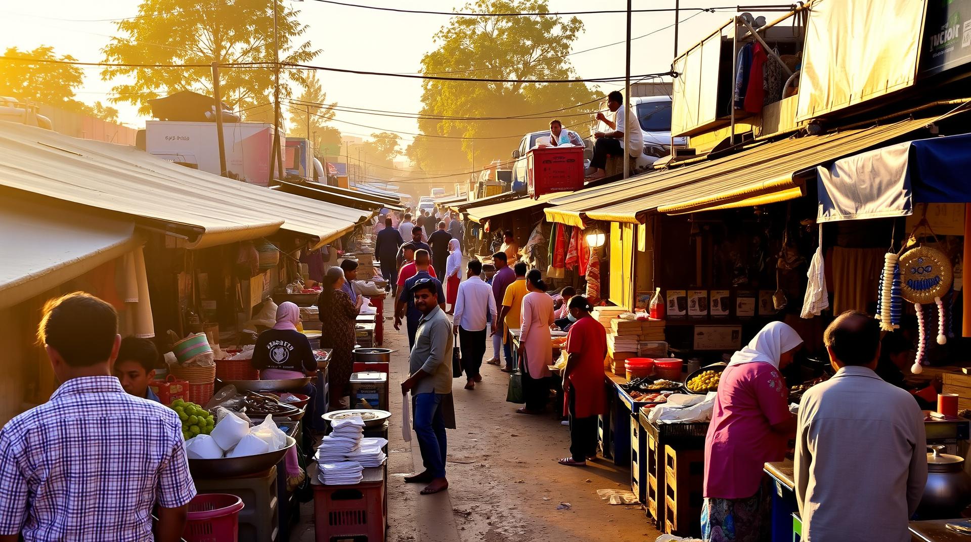 A vibrant, bustling marketplace scene at dawn, filled with colorful stalls and vendors preparing for the first meal of the day.  Warm golden light bathes the scene.