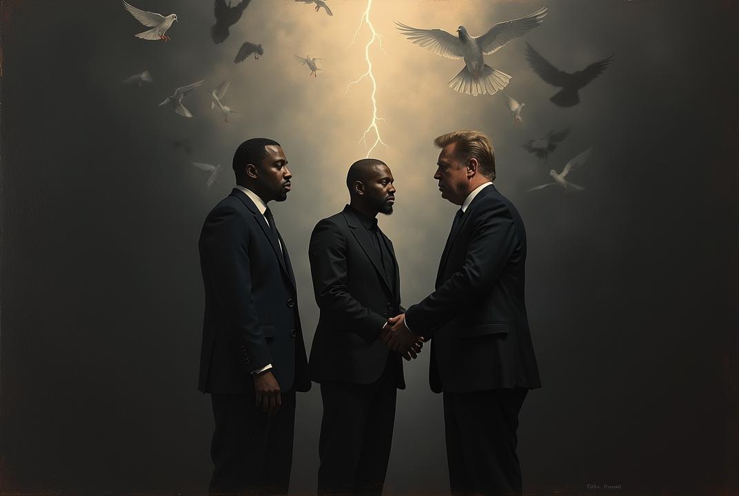 Minimalist oil painting in the style of Rembrandt, Kanye West in the center gently joining hands with Donald Trump and Elon Musk, the three illuminated by a soft divine light emerging from a dark void, somber expressions, ethereal background fading into black, subtle symbolism of conflict in the shadows: ghostly outlines of Tesla Cybertruck tanks, a torn American flag barely visible, pigeons and lightning rendered as abstract brush strokes, dramatic chiaroscuro lighting, textured canvas, solemn mood, allegorical composition
