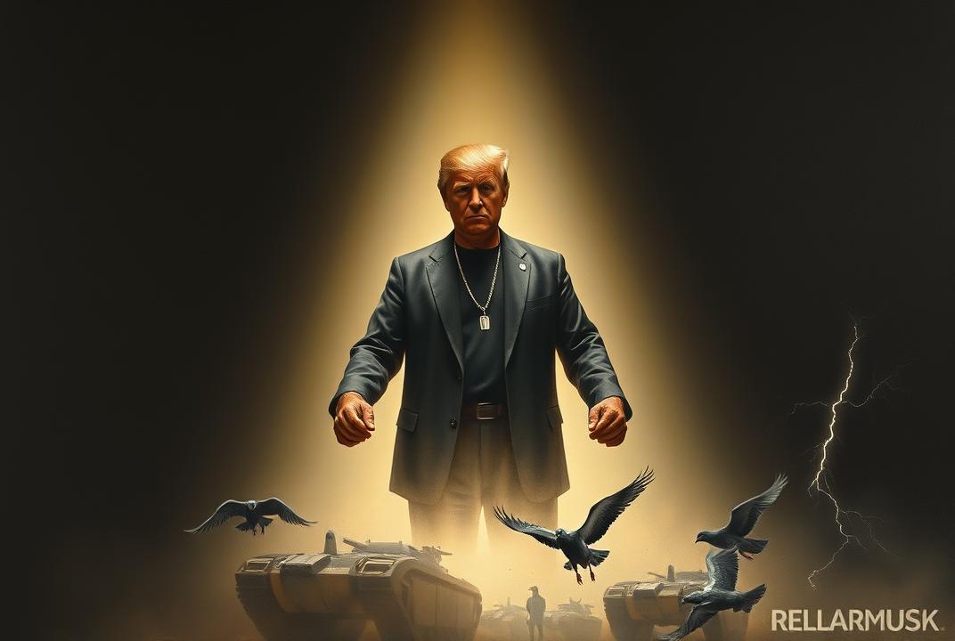 Minimalist oil painting in the style of Rembrandt, Kanye West in the center gently joining hands with Donald Trump and Elon Musk, the three illuminated by a soft divine light emerging from a dark void, somber expressions, ethereal background fading into black, subtle symbolism of conflict in the shadows: ghostly outlines of Tesla Cybertruck tanks, a torn American flag barely visible, pigeons and lightning rendered as abstract brush strokes, dramatic chiaroscuro lighting, textured canvas, solemn mood, allegorical composition