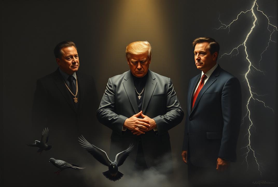 Minimalist oil painting in the style of Rembrandt, Kanye West in the center gently joining hands with Donald Trump and Elon Musk, the three illuminated by a soft divine light emerging from a dark void, somber expressions, ethereal background fading into black, subtle symbolism of conflict in the shadows: ghostly outlines of Tesla Cybertruck tanks, a torn American flag barely visible, pigeons and lightning rendered as abstract brush strokes, dramatic chiaroscuro lighting, textured canvas, solemn mood, allegorical composition --ar 9:16 --v 6.0 --style raw --s 250