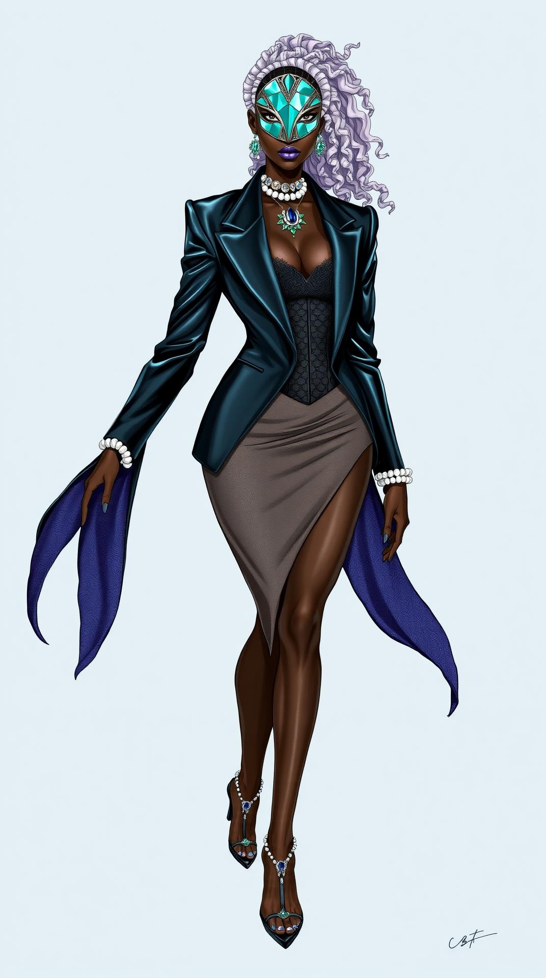 MET GALA 2025 Superfine: Tailoring Black Style
Illustrate a dark skinned gender fluid female Model Wearing
🌫️ “Mami Wata’s Mirror” – Gender Fluid Female
Theme: The spirit of the water goddess reincarnated as a modern enchantress—half oracle, half rebellion. Her tailoring seduces with grace and power, reflecting Black mysticism through structured surrealism.
Model Type:
Gender Fluid Female
Silhouette:
Mermaid-cut tailored blazer dress in glistening obsidian vinyl, shaped like flowing ink
Corset bodice underlayer crafted from hand-woven silk mimicking fish scale iridescence
Back of the blazer flares into a sculptural spine fin made from translucent mesh
Tailored sleeves slit open from shoulder to wrist like cascading kelp
Accessories:
Face piece: jeweled half-mask shaped like a water droplet frozen mid-fall
Mirror choker with ancestral glyphs etched into the glass
Shell-inlaid gloves extending past the elbow
Shoes:
Stiletto sandals with coral reef textures on the heel
Toe straps beaded with crushed pearl
Hair:
Sculpted into waves and coils, dyed in a silver-lilac blend
Crowned with a headband of braided seaweed silk and sapphires
Makeup:
Ocean-glazed eyes with shimmering tear ducts in turquoise
Dew-finished skin with subtle glints of sea-foam green
Lips: plum-toned gloss fading into soft lavender edges
Vibe/Styling:
She walks like prophecy—every inch a sermon of softness and strength
Tailoring as spiritual armor; femininity as enchantment
A siren from Black history’s subconscious, dressed in precision
And let the illustration be in form of a digital handrawn fashion illustration sketch