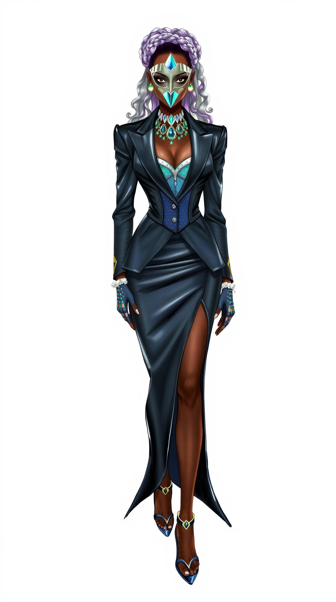 MET GALA 2025  Superfine: Tailoring Black Style 
Illustrate a  dark skinned gender fluid  female  Model Wearing
 🌫️ “Mami Wata’s Mirror” – Gender Fluid Female
Theme: The spirit of the water goddess reincarnated as a modern enchantress—half oracle, half rebellion. Her tailoring seduces with grace and power, reflecting Black mysticism through structured surrealism.
Model Type:
Gender Fluid Female
Silhouette:
Mermaid-cut tailored blazer dress in glistening obsidian vinyl, shaped like flowing ink
Corset bodice underlayer crafted from hand-woven silk mimicking fish scale iridescence
Back of the blazer flares into a sculptural spine fin made from translucent mesh
Tailored sleeves slit open from shoulder to wrist like cascading kelp
Accessories:
Face piece: jeweled half-mask shaped like a water droplet frozen mid-fall
Mirror choker with ancestral glyphs etched into the glass
Shell-inlaid gloves extending past the elbow
Shoes:
Stiletto sandals with coral reef textures on the heel
Toe straps beaded with crushed pearl
Hair:
Sculpted into waves and coils, dyed in a silver-lilac blend
Crowned with a headband of braided seaweed silk and sapphires
Makeup:
Ocean-glazed eyes with shimmering tear ducts in turquoise
Dew-finished skin with subtle glints of sea-foam green
Lips: plum-toned gloss fading into soft lavender edges
Vibe/Styling:
She walks like prophecy—every inch a sermon of softness and strength
Tailoring as spiritual armor; femininity as enchantment
A siren from Black history’s subconscious, dressed in precision
And let the illustration be in form of a digital handrawn fashion illustration sketch