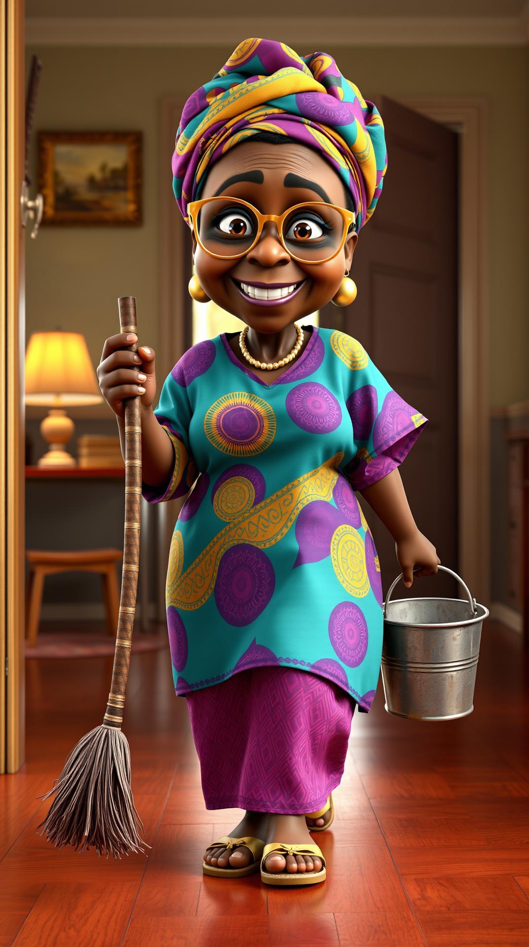 A stylized, semi-realistic 3D render of “Madam Wahala,” a lively and expressive Black African grandmother in her 60s. She is short, round, slightly hunched, and full of comedic charm. She wears a brightly colored African wrapper with intricate patterns, a matching headwrap (gele), a simple loose blouse, oversized golden-rimmed glasses tilted slightly on her face, and soft, worn-out slippers. Her wrinkled face is animated with exaggerated cartoon-like expressions, blending realism and humor — she smiles proudly, eyes gleaming with joy. She walks into a cozy room holding a dripping mop in one hand and a rusty metal bucket in the other, humming with confidence like a cartoon queen. Her posture is wobbly but regal. The scene is lit with warm indoor lighting, featuring rich wooden floors, soft shadows, and comedic timing frozen in a still frame
Pixar-style, high-quality 3D render, Octane Render, cinematic lighting, ultra-detailed cartoon realism, exaggerated expressions, vibrant colors, emotional warmth, stylized 3D illustration, 4K resolution, photorealistic texture, expressive character design, animation film style.