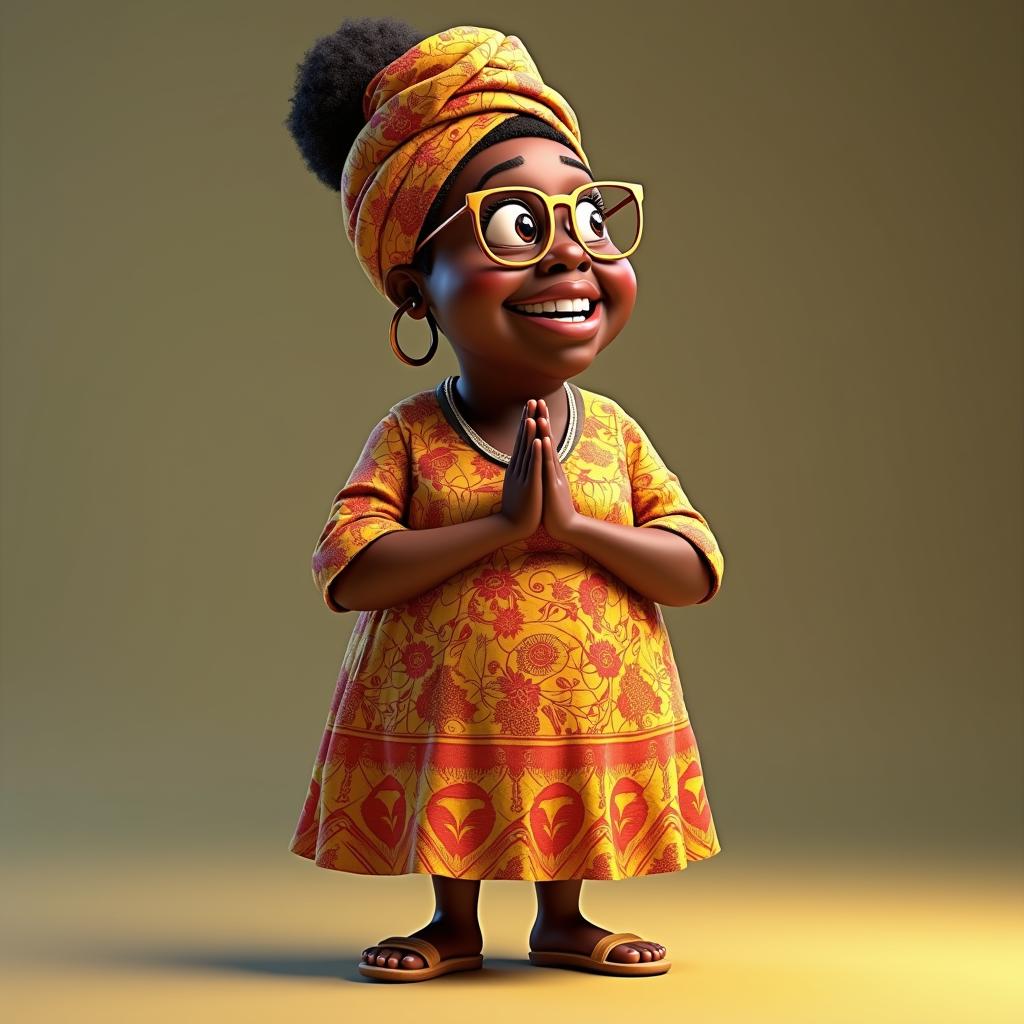 A stylized, semi-realistic 3D render of “Madam Wahala,” a lively and expressive Black African grandmother in her 60s. She is short, round, slightly hunched, and full of comedic charm. She wears a brightly colored African wrapper with intricate patterns, a matching headwrap (gele), a simple loose blouse, oversized golden-rimmed glasses tilted slightly on her face, and soft, worn-out slippers. Her wrinkled face is animated with exaggerated cartoon-like expressions, blending realism and humor she smiles proudly, eyes gleaming with joy. she is dancing in humorous manner and put her hands together  soft shadows, and comedic timing frozen in a still frame
Pixar-style, high-quality 3D render, Octane Render, cinematic lighting, ultra-detailed cartoon realism, exaggerated expressions, vibrant colors, emotional warmth, stylized 3D illustration, 4K resolution, photorealistic texture, expressive character design, animation film style.