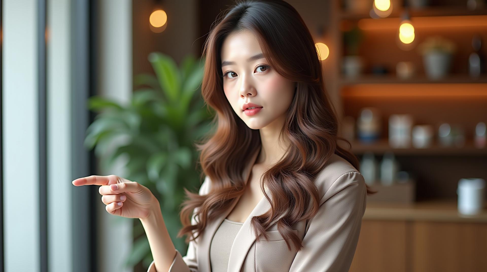 Full-length portrait, wide-angle shot. A glamorous Korean model woman in her early 20s with a slim, well-proportioned tall figure. She has long natural brown wavy hair swept to the side, no bangs, soft slender oval face with smooth jawline, large bright brown eyes with double eyelids and slightly upturned corners, small straight nose, naturally full lips with a calm serious expression.

She is standing at the far right side of the frame, leaving clear empty space on the left side as if pointing at a text or explaining something. Her right hand or index finger gently gestures towards the left empty area. The background is a bright modern cafe interior with warm soft lighting and cozy wooden furniture.

She wears a neat, elegant casual outfit suitable for a smart presentation. Ultra-realistic photo, clear facial details, natural posture, realistic proportions, head to toe, 4K.

