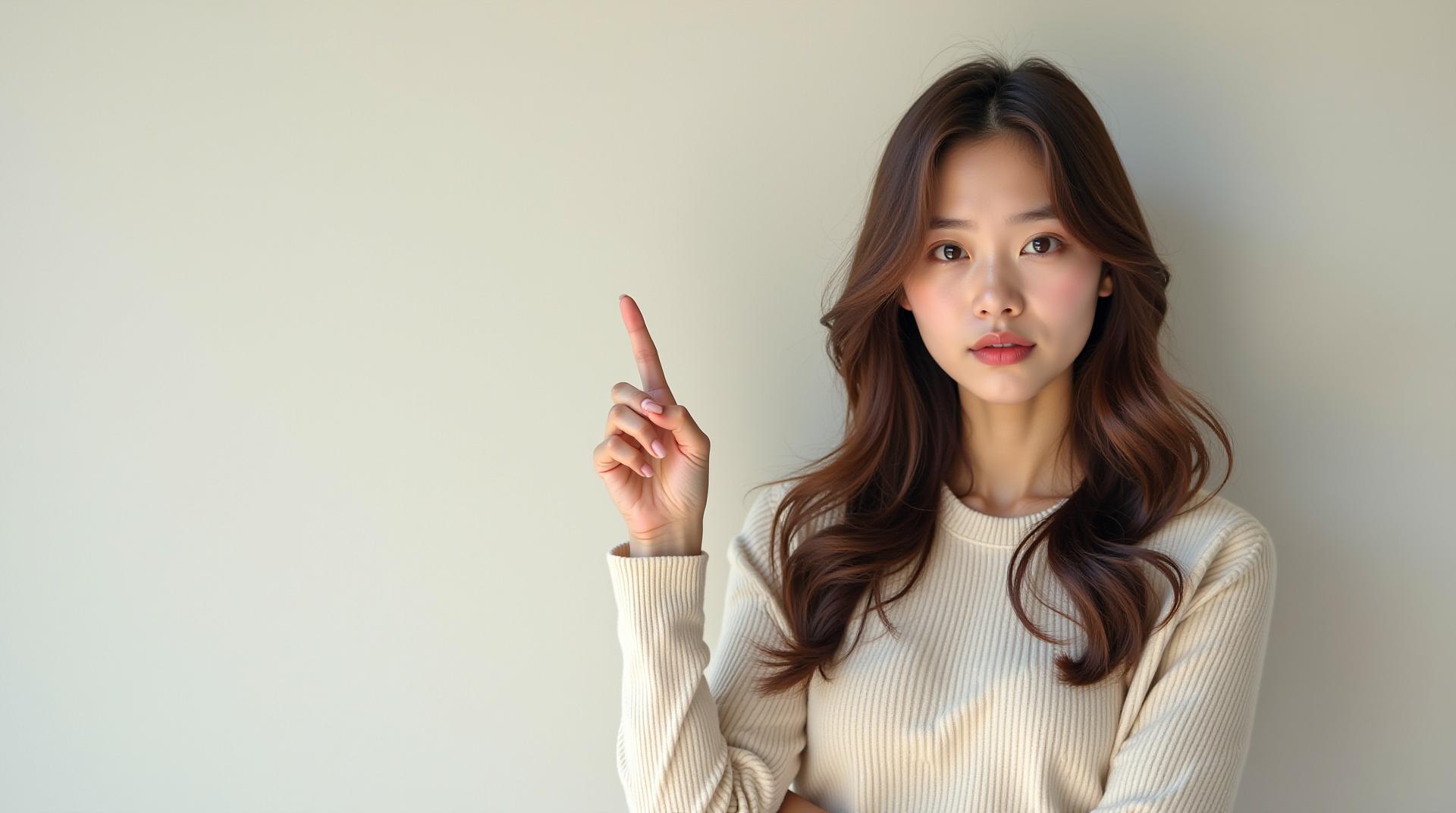 Medium shot portrait of a glamorous Korean woman in her early 20s, positioned on the far right side, pointing her index finger to the left side. The left side is an empty plain light-colored wall for adding text. She has long natural brown wavy hair, a soft slender oval face, large bright brown eyes, calm serious expression. Simple casual outfit. Soft natural lighting, ultra-realistic, clear face, no background clutter.
