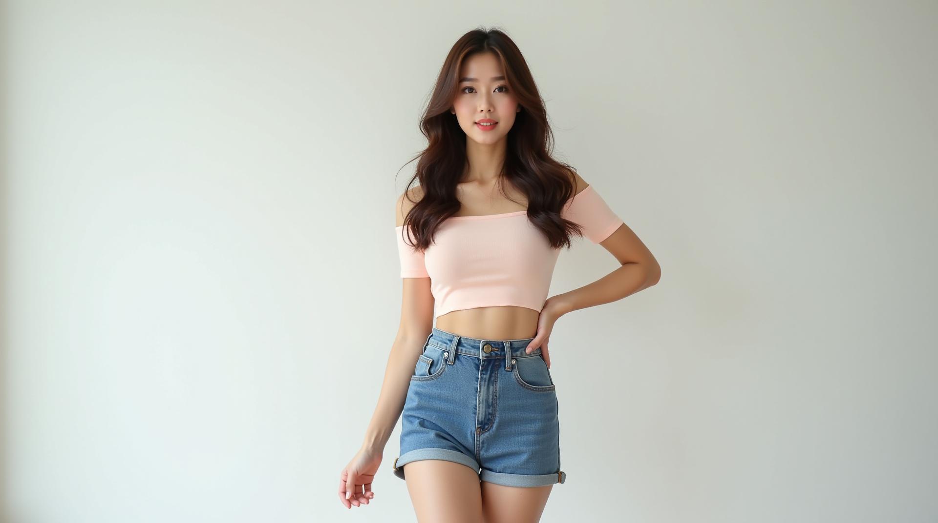 Full-length portrait, entire figure from head to toe, wide-angle shot. A glamorous Korean model woman in her early 20s with a slim, tall, well-balanced figure. She has long natural brown wavy hair, swept to the side, no bangs. Her face is a soft slender oval shape, smooth jawline, large bright brown eyes with double eyelids and slightly upturned corners, naturally full lips with a confident playful expression.
She is wearing a stylish fitted off-shoulder crop top in a soft pastel color, paired with high-waisted denim shorts that show her slender legs. The outfit is elegant and tasteful, with a fresh, modern vibe, not overly revealing. She stands naturally with one hand on her hip and the other slightly raised, posing confidently in a bright minimal studio setting with soft natural lighting.
Ultra-realistic photo, clear facial details, realistic body proportions, high resolution, clean plain background.