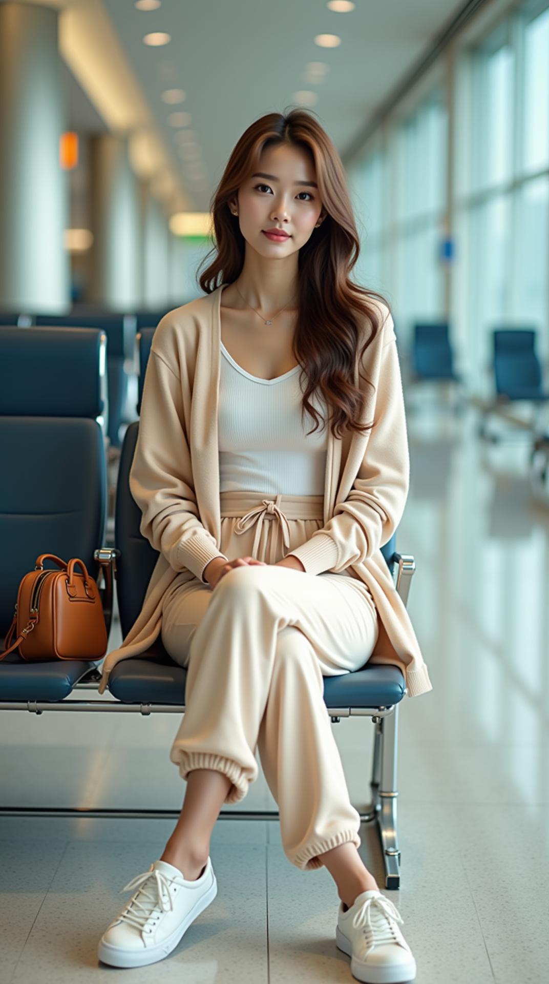 Full-length portrait, entire figure from head to toe, wide-angle shot. A glamorous Korean model woman in her early 20s with a slim, tall, well-proportioned figure and warm golden-brown skin with a healthy glow. She has long natural brown wavy hair swept to the side, no bangs, a soft slender oval face, smooth jawline, large bright brown eyes with double eyelids and slightly upturned corners, and a calm, slightly curious expression.
She is sitting comfortably on a modern airport lounge chair in a spacious bright airport waiting area, with soft natural light filtering through large glass windows. She wears a simple light beige oversized cardigan over a fitted white tank top, paired with loose soft pastel jogger pants. On her feet, she wears clean white slip-on sneakers. A small casual tote bag rests next to her. Her posture is relaxed yet elegant, with one leg crossed slightly over the other and hands resting naturally on her lap.
Ultra-realistic photo, realistic body proportions, clear facial details, clean background with subtle airport elements, 4K.