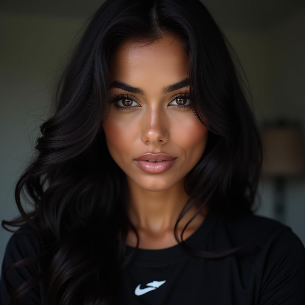 a hyper-realistic close-up portrait of a beautiful Indian female fitness and fashion influencer, long wavy black hair, defined facial features, high cheekbones, flawless glowing skin, natural makeup, wearing a black athleisure top, subtle softbox lighting, confident expression, realistic DSLR photo look, 85mm lens, cinematic lighting
