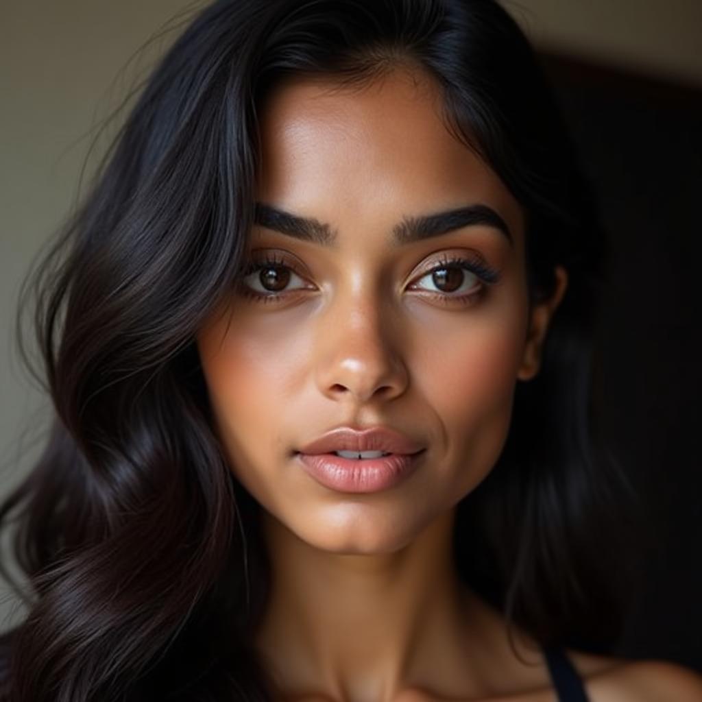 a hyper-realistic close-up portrait of a beautiful young Indian female fitness and fashion influencer, natural glowing skin, long black wavy hair, sharp jawline, high cheekbones, symmetrical face, soft natural makeup, deep brown eyes, DSLR camera look, 85mm lens, studio lighting, minimal retouching, looks like a real person