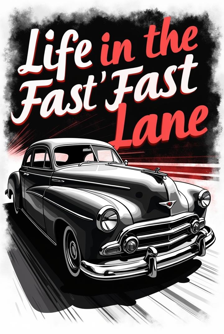 T-shirt design featuring a noir-inspired vintage car, with the phrase "Life in the Fast Lane", detailed illustration, black and white, cinematic style, by Raymond Chandler and Orson Welles, strong contrast, 300dpi. [Negative Prompt: blurry image, distorted proportions, bright colors]


