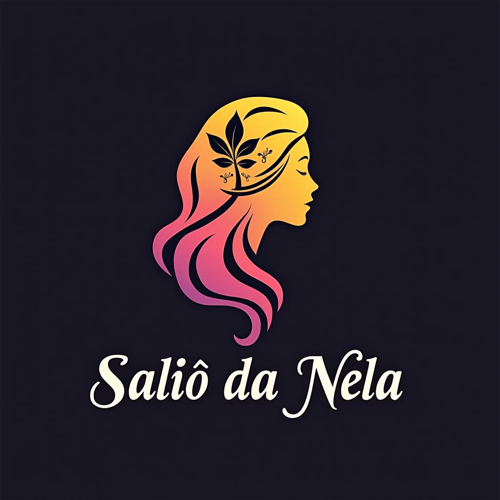 A stylized logo featuring a profile of a woman with flowing hair, adorned with leaves and scissors integrated into the design. The color gradient transitions from yellow to pink and purple, set against a dark background. Below the image is the text Salão da Nela in an elegant, cursive font.