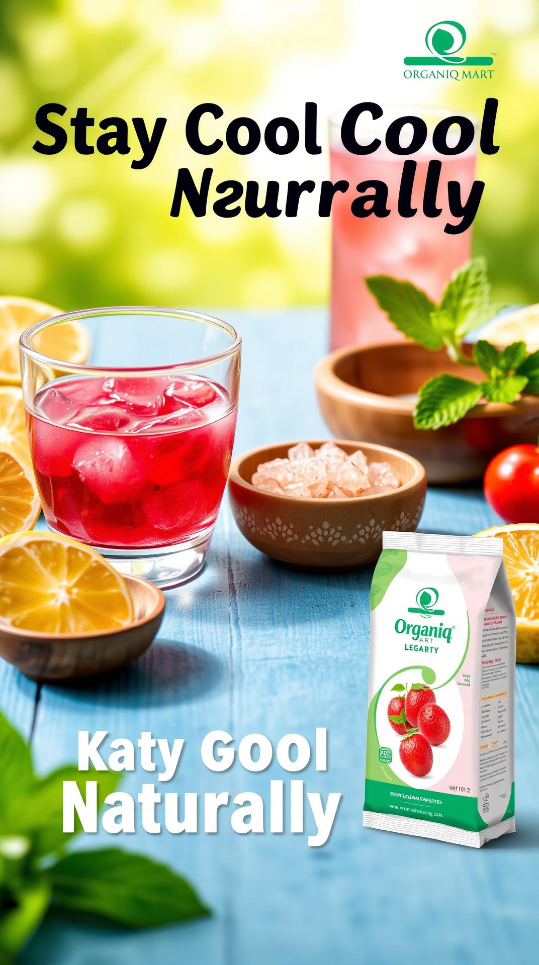 Create a vibrant and refreshing ad image showcasing Katira Gond (Gond Katira). The scene should include a glass bowl filled with soaked, jelly-like Katira Gond beside a small wooden bowl of its dry crystal form. Background should be bright and summery with elements like sliced lemon, mint leaves, a glass of rooh afza or lemon drink with Gond inside, and soft rays of sunlight. Include product packaging of Organiq Mart in the corner with a clean, organic design. Overlay bold text: 'Stay Cool Naturally – Katira Gond by Organiq Mart'. Use soft shadows, high resolution, and a fresh, clean aesthetic.