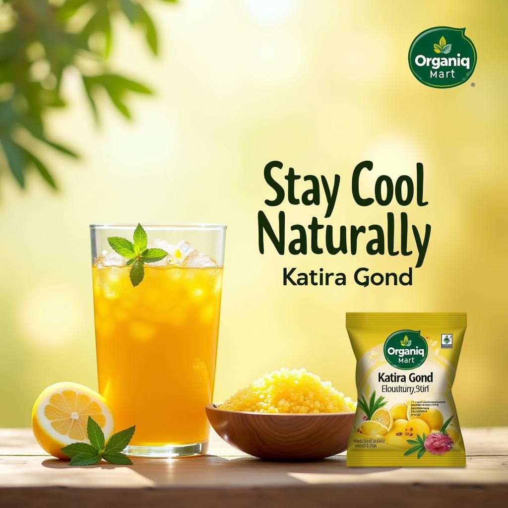 Create a vibrant and refreshing ad image showcasing Katira Gond (Gond Katira). The scene should include a glass bowl filled with soaked, jelly-like Katira Gond beside a small wooden bowl of its dry crystal form. Background should be bright and summery with elements like sliced lemon, mint leaves, a glass of rooh afza or lemon drink with Gond inside, and soft rays of sunlight. Include product packaging of Organiq Mart in the corner with a clean, organic design. Overlay bold text: 'Stay Cool Naturally – Katira Gond by Organiq Mart'. Use soft shadows, high resolution, and a fresh, clean aesthetic.